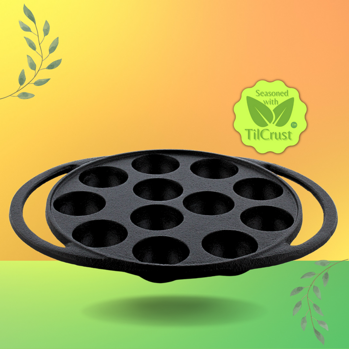 Trilonium Triple Seasoned Cast Iron Paddu tawa | Paniyarakkal | Paniyaram Pan 12 Pits | Black - view 5