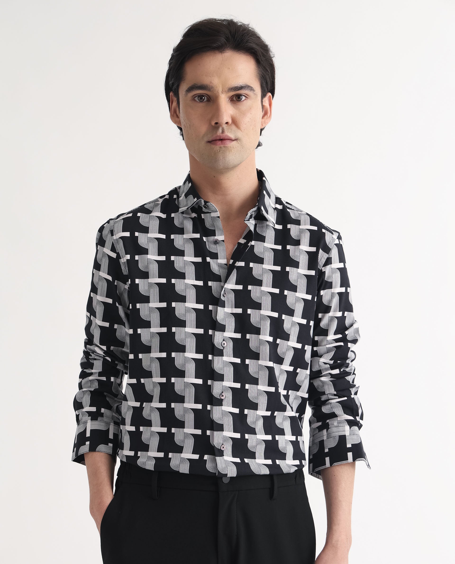 Rare Rabbit Men's Alava Black Cotton Viscose Fabric Geometric Print Full Sleeves Shirt