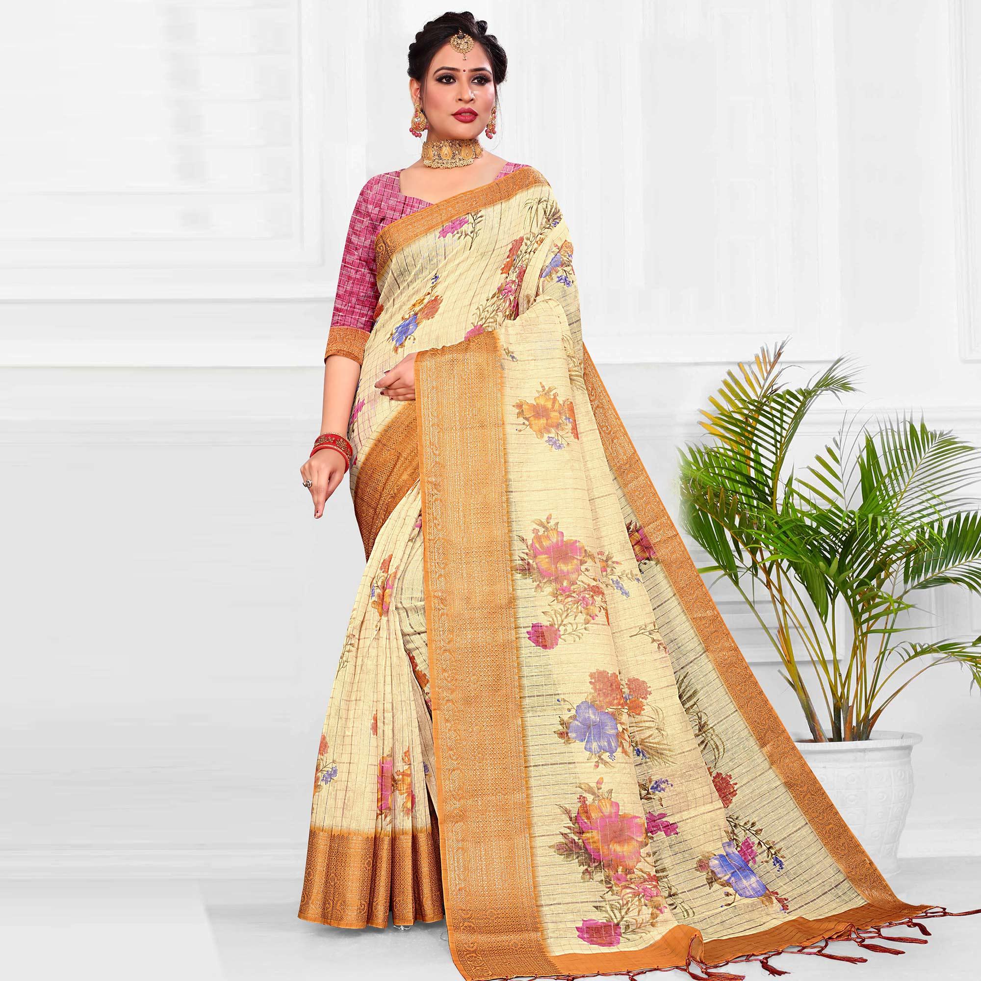 Peachmode Impressive Cream Colored Festive Wear Digital Printed Linen Saree