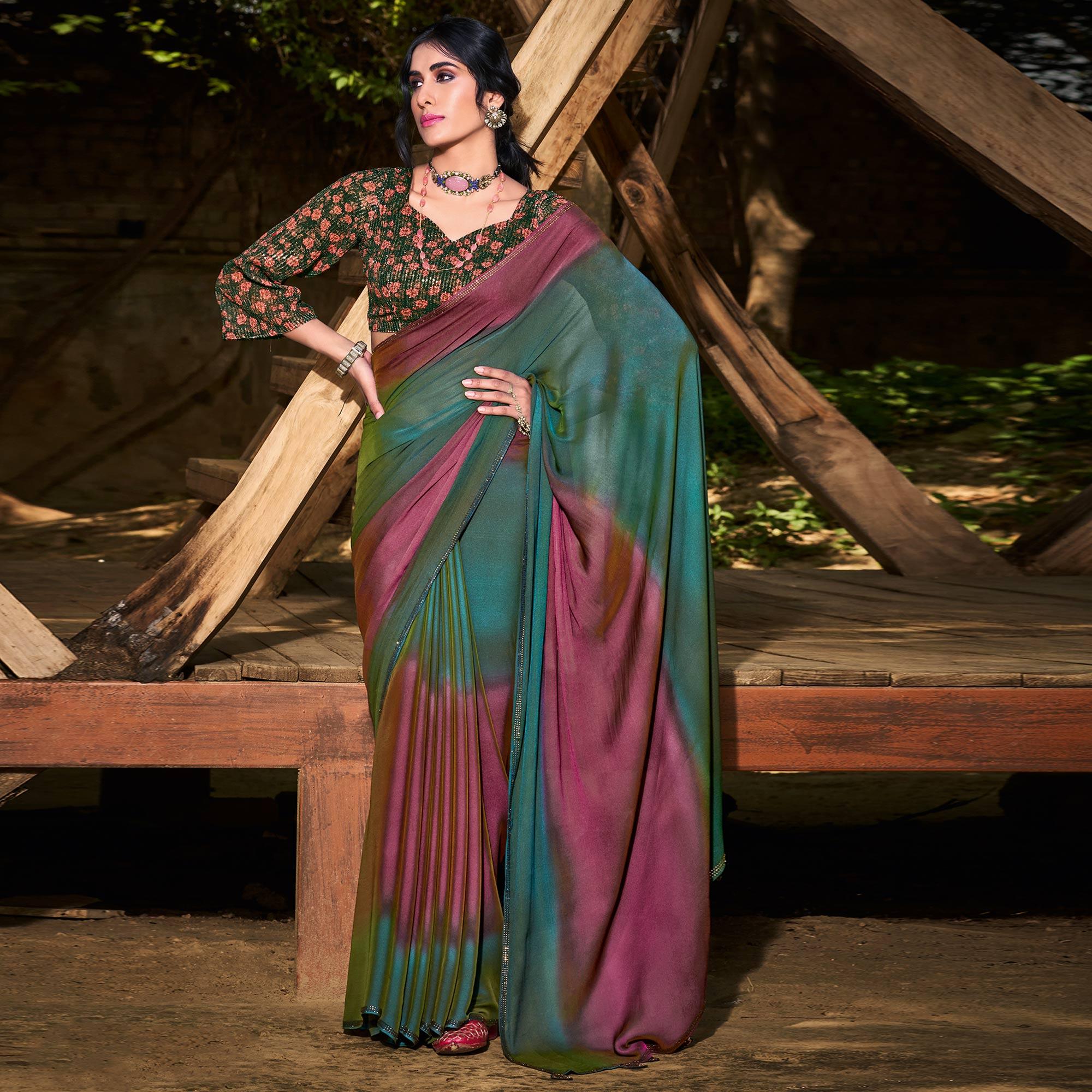 Peachmode Blue-Purple Solid Chiffon Saree – Women's