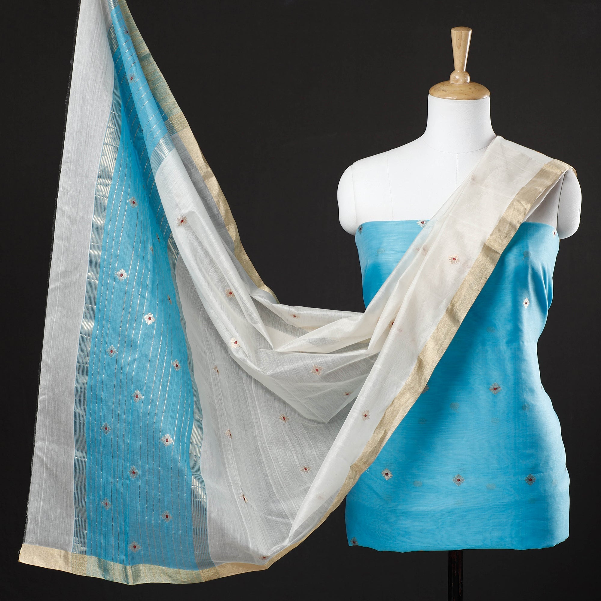 ITOKRI CRAFTS INITIATIVE Blue - 3pc Chanderi Silk Cotton Handloom Flower Zari Buta Suit Material Set