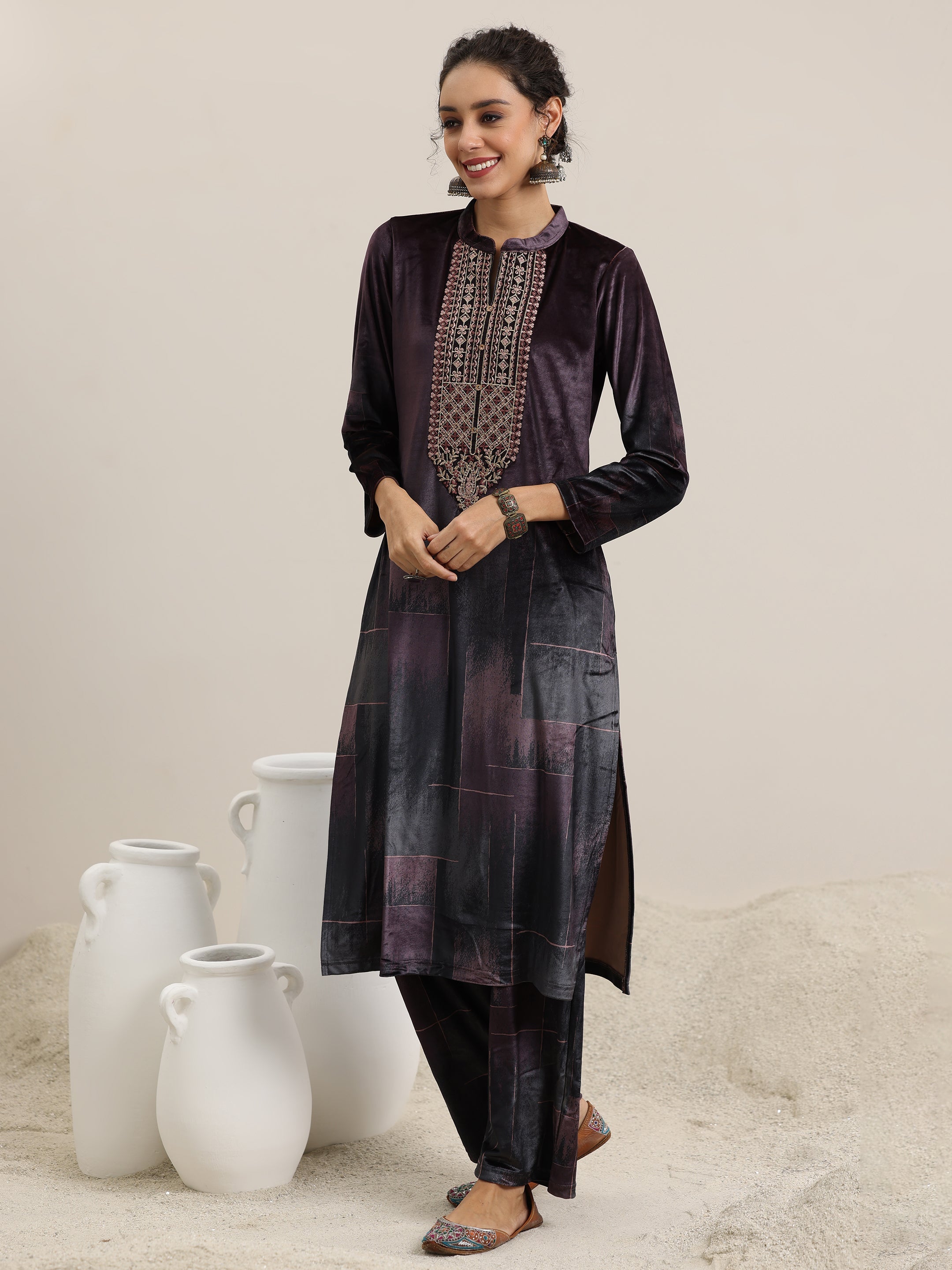 Libas Brown Printed Velvet Straight Suit With Dupatta - view 2