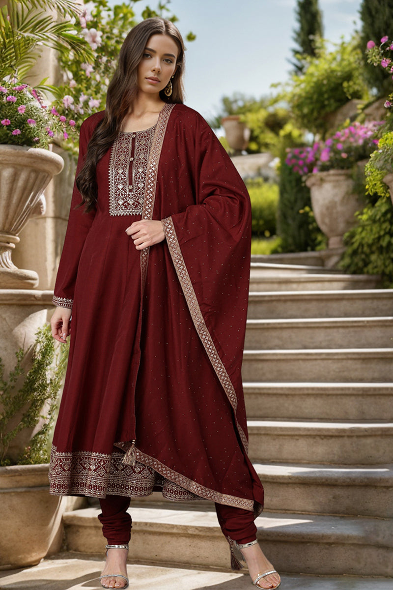 Ahika Maroon Silk Blend Solid A-Line Kurta Trousers With Dupatta PKSKD1756