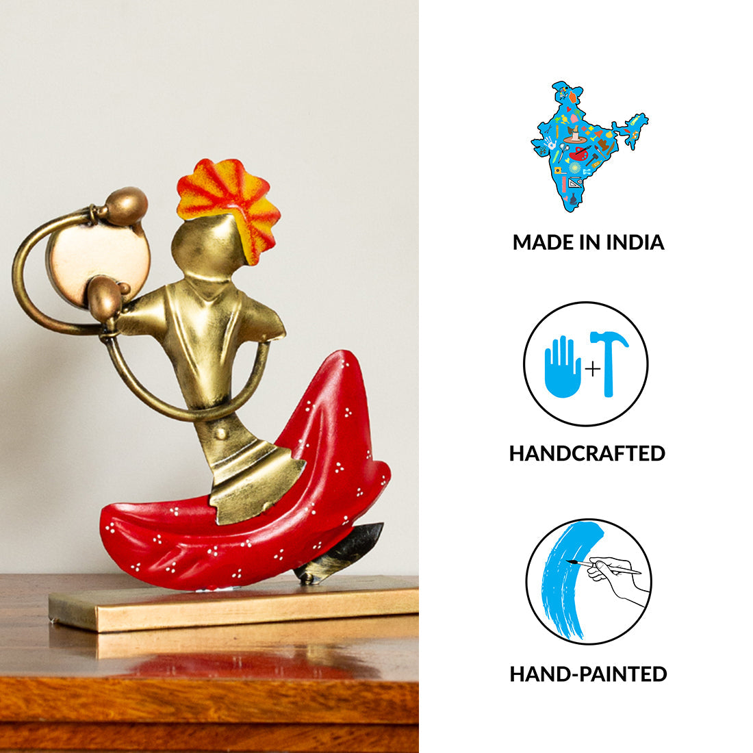 EXCLUSIVELANE 'Folk Music Mahotsav' Handpainted Decorative Showpieces (Set of 3, Iron, 8 Inch) - view 6