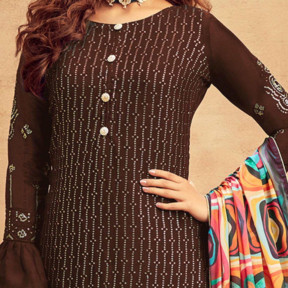 Peachmode Elegant Bronze Coloured Partywear Designer Embroidered Sequins Heavy Faux Georgette Palazzo Suit - view 2
