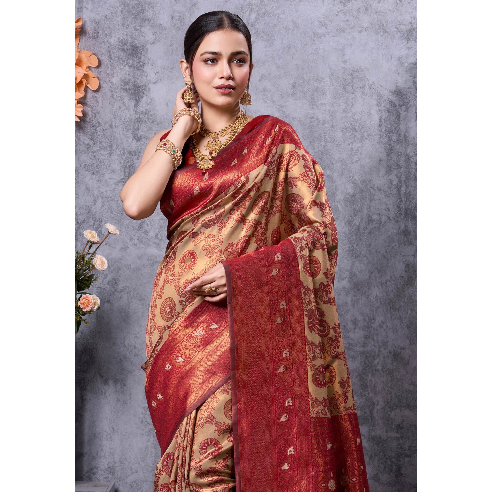 Peachmode Cream Woven Kanjivaram Silk Saree – Women's - view 4