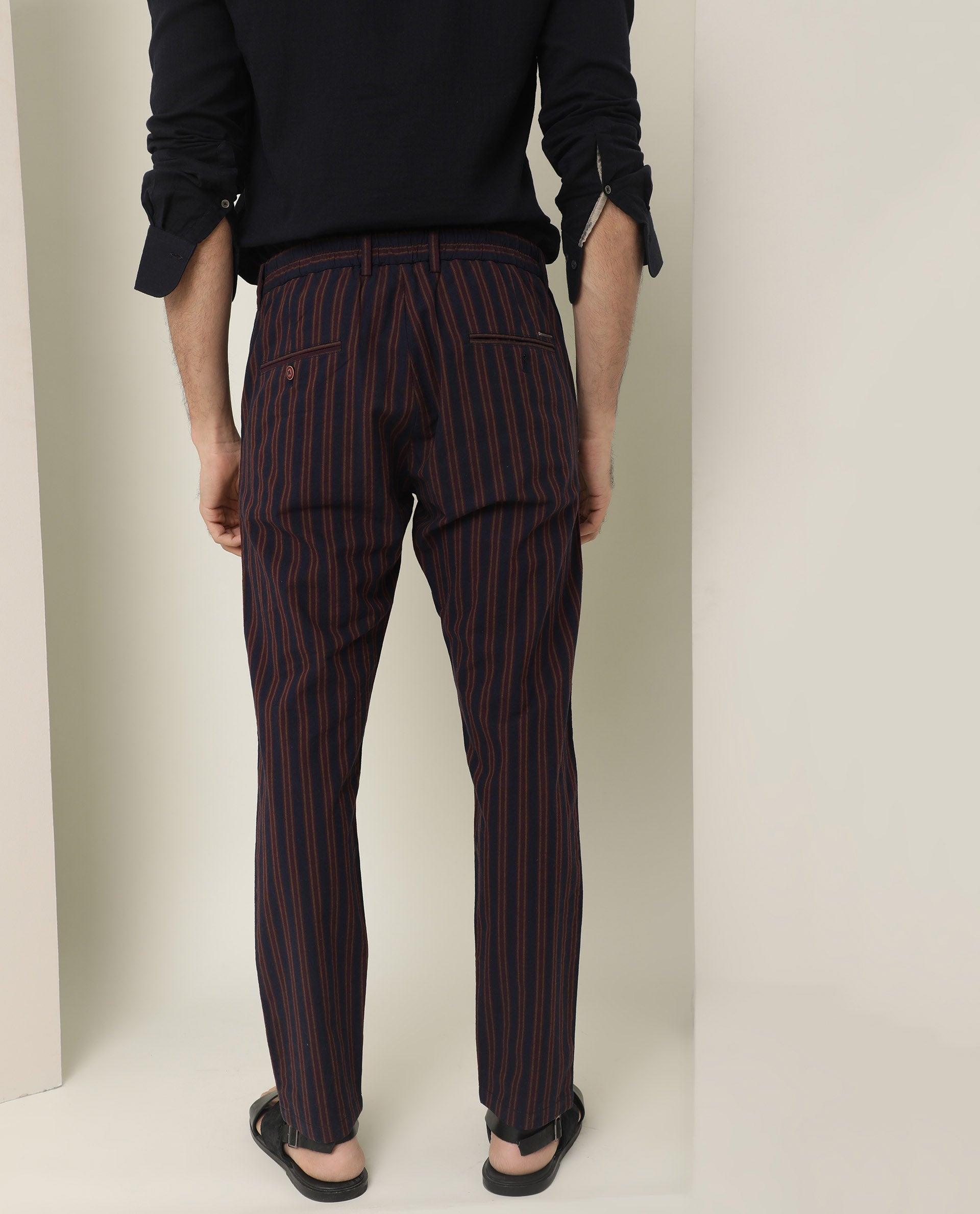 Rare Rabbit Men's Banny Navy Mid-Rise Regular Fit With Drawstring And Elastic Waistband Striped Trouser - view 7