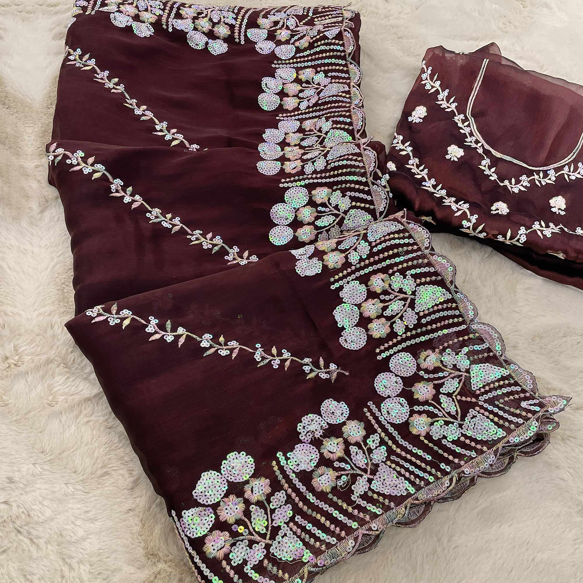 Peachmode Dark Maroon Sequins Embroidered Chiffon Saree