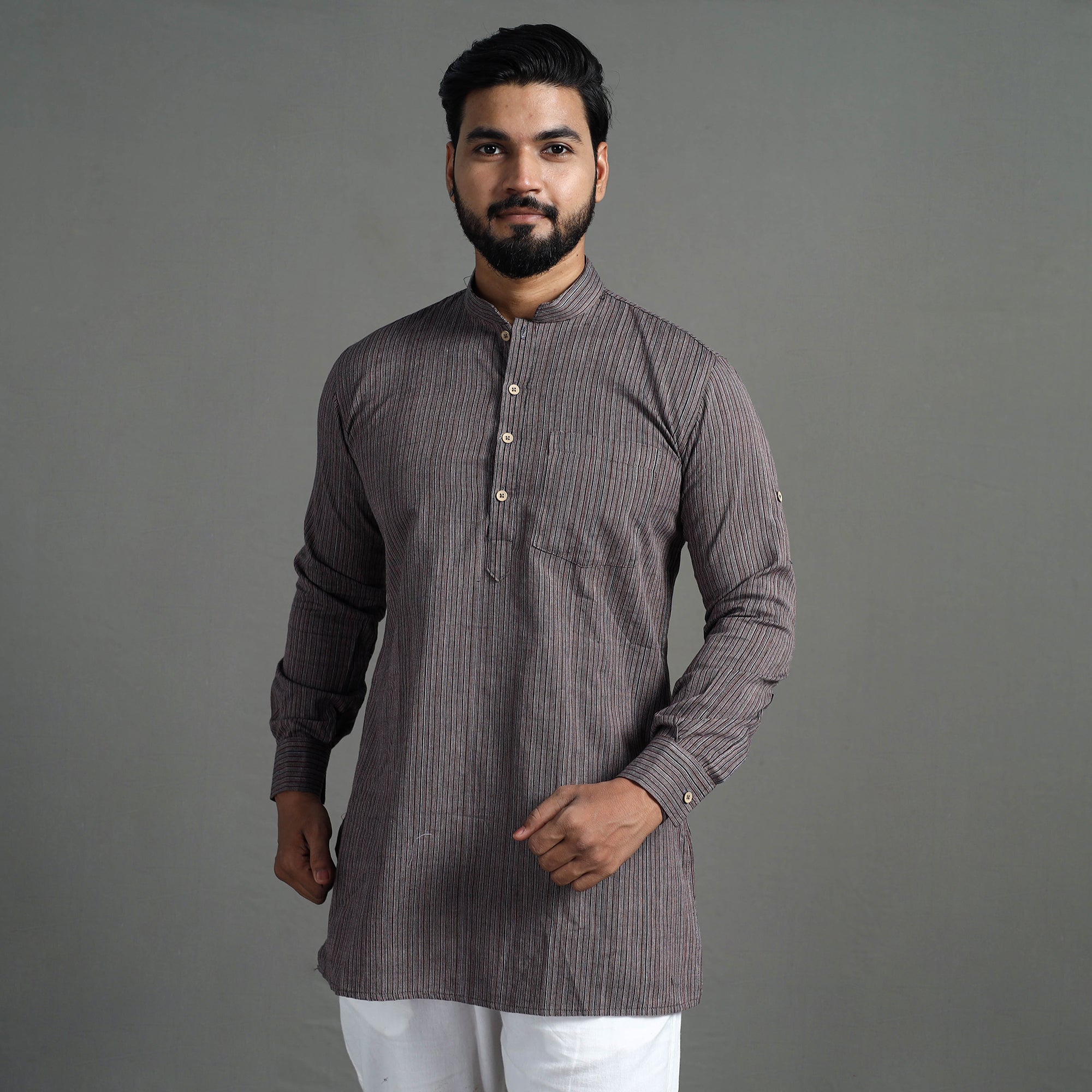ITOKRI CASUALS Brown - Handloom Cotton Stripe Men Short Kurta - view 3