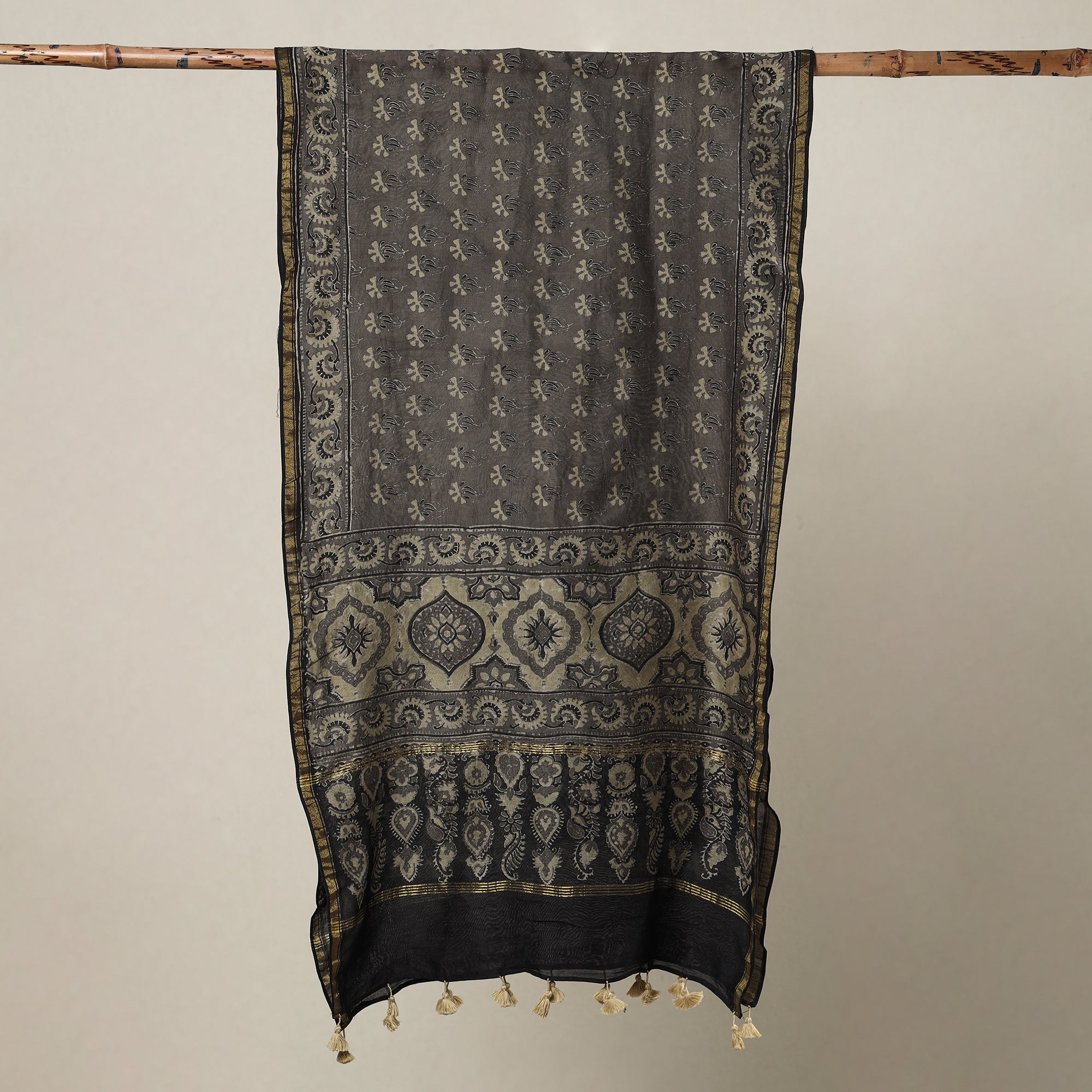 AJRAKH BY SUFIYAN ISMAIL KHATRI Brown - Ajrakh Hand Block Printed Chanderi Silk Handloom Stole with Tassels - view 2