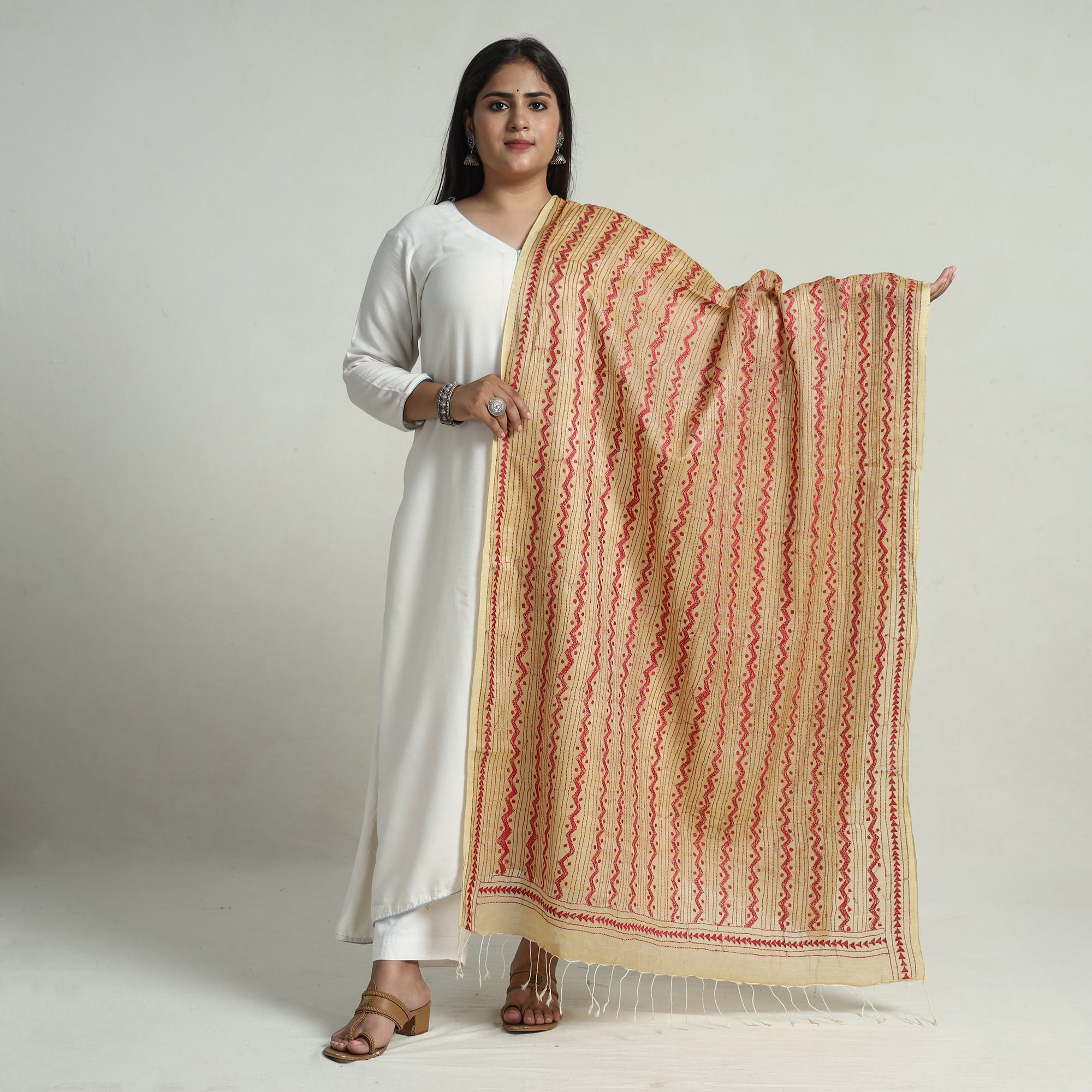 KHUSHBASH - HAPPY LOOM OF EAST Beige - Bengal Kantha Embroidery Tussar Silk Cotton Handloom Dupatta with Tassels 22