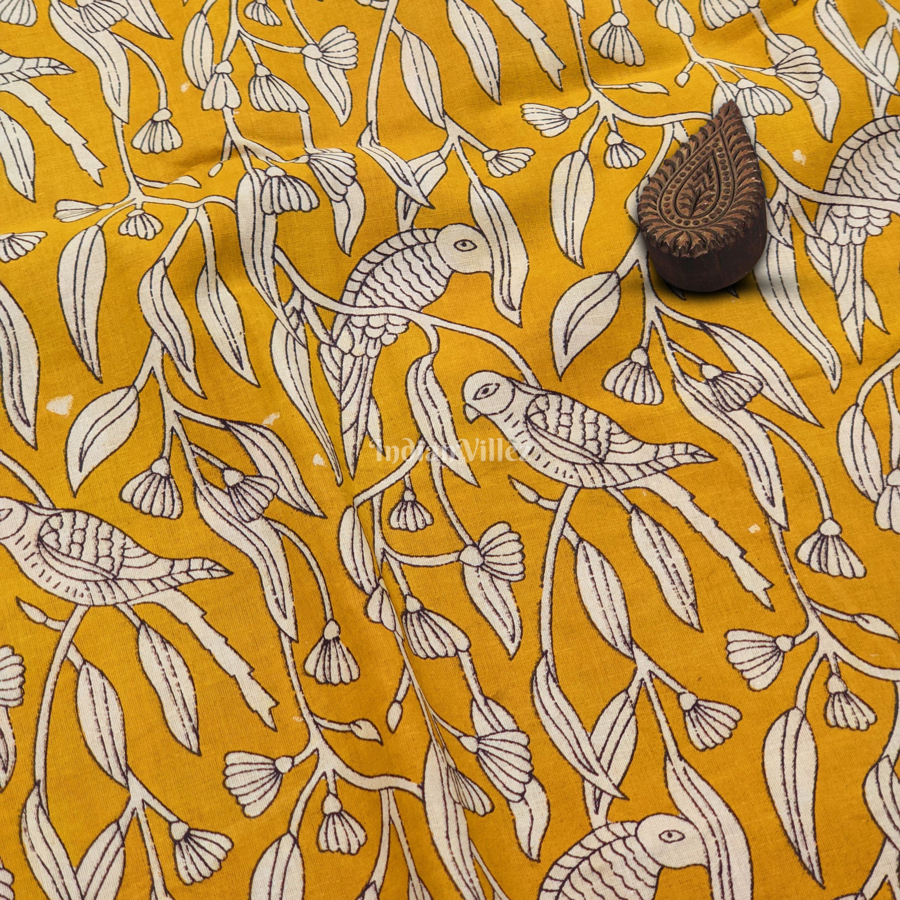IndianVillèz Mustard Hand Block Motifs Printed Cotton Fabric