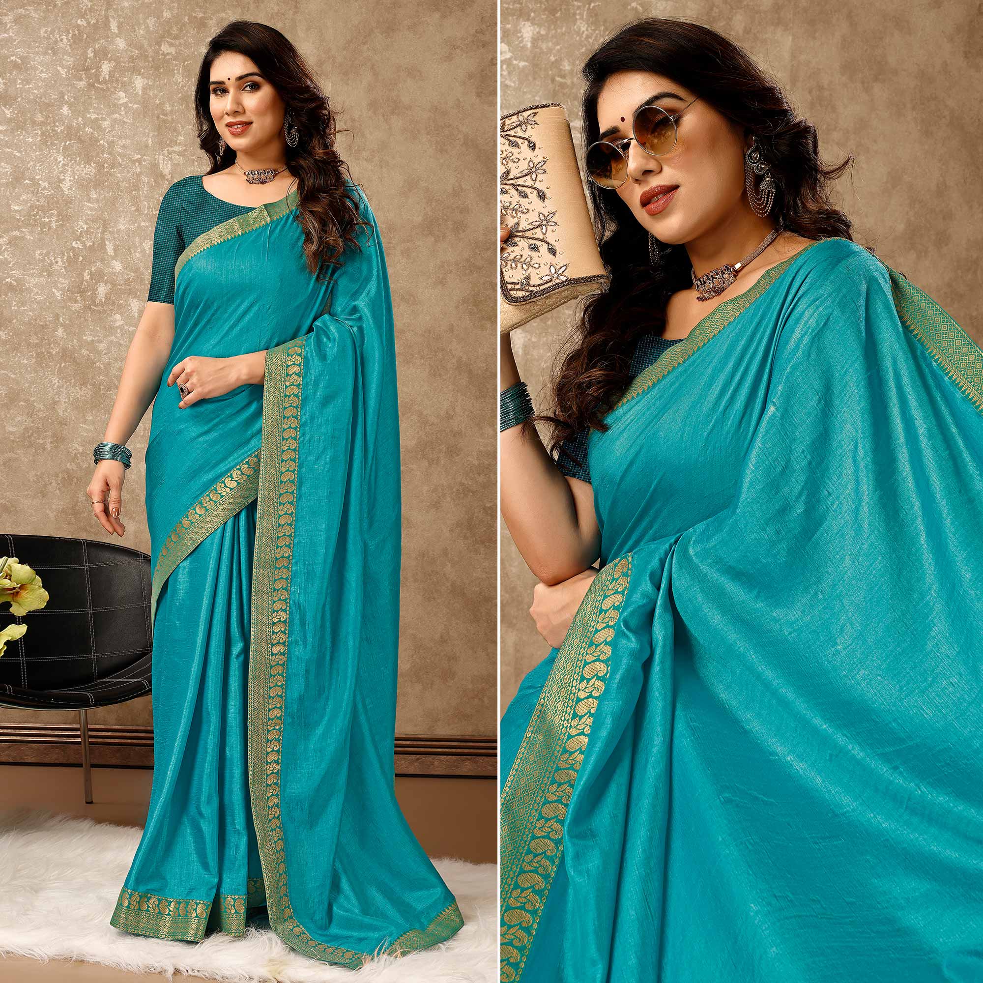 Peachmode Blue Solid Saree Vichitra Silk With Zari Lace Border
