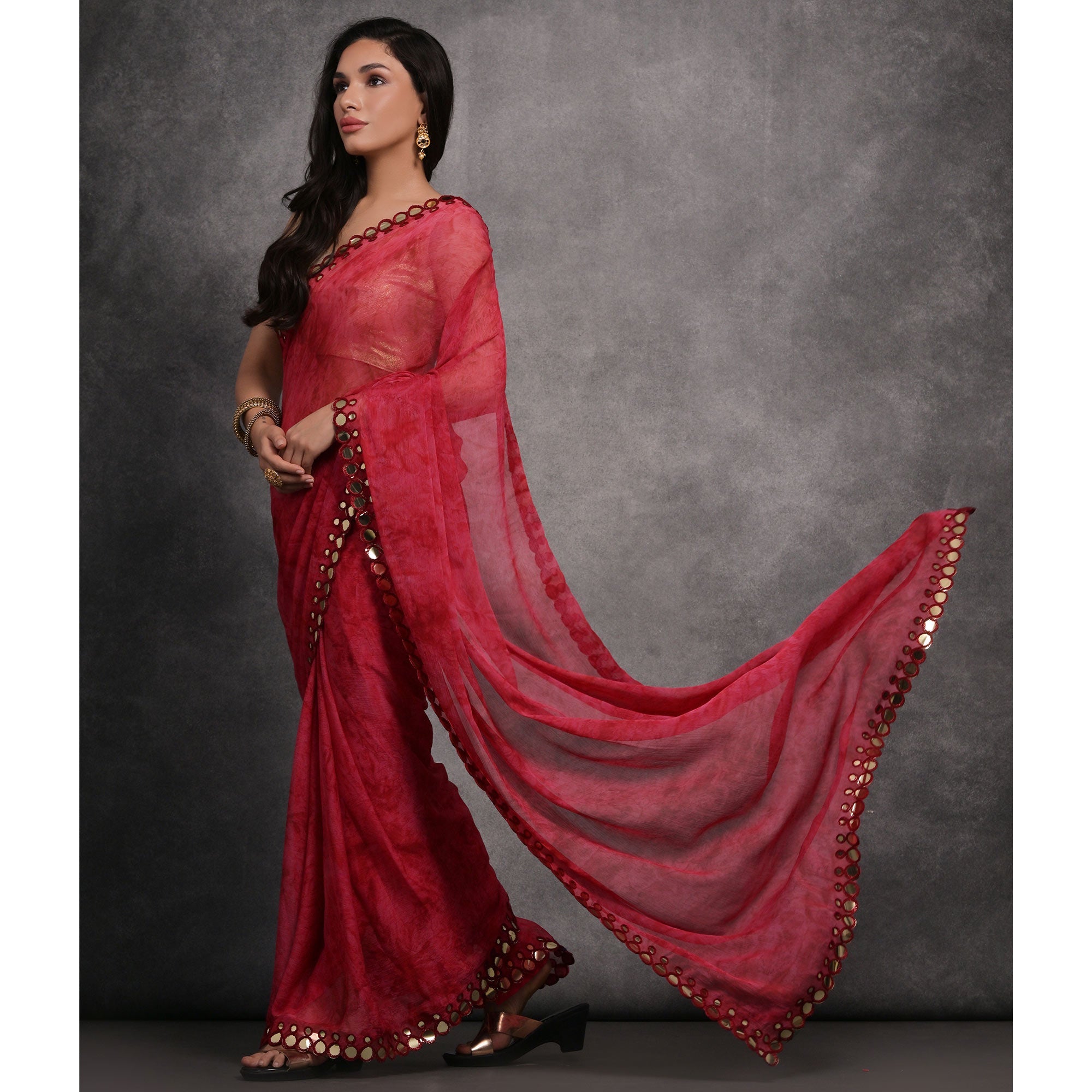 Peachmode Maroon Printed With Mirror Work Georgette Saree - view 4