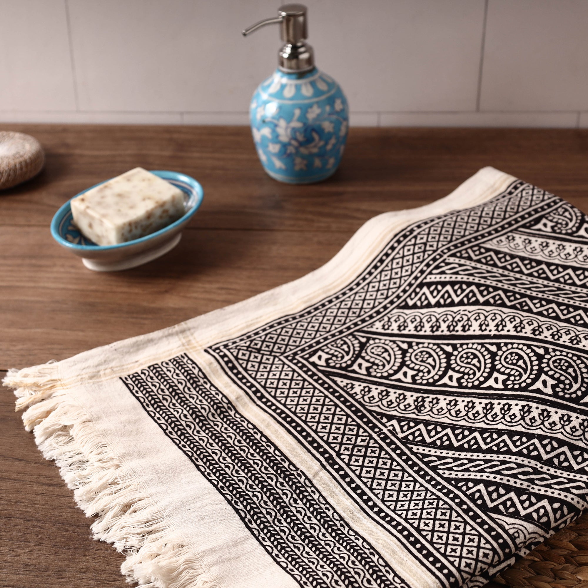 BAGH PRINTS BY UMAR FARUK KHATRI Black - Bagh Hand Block Printed Handloom Cotton Towel