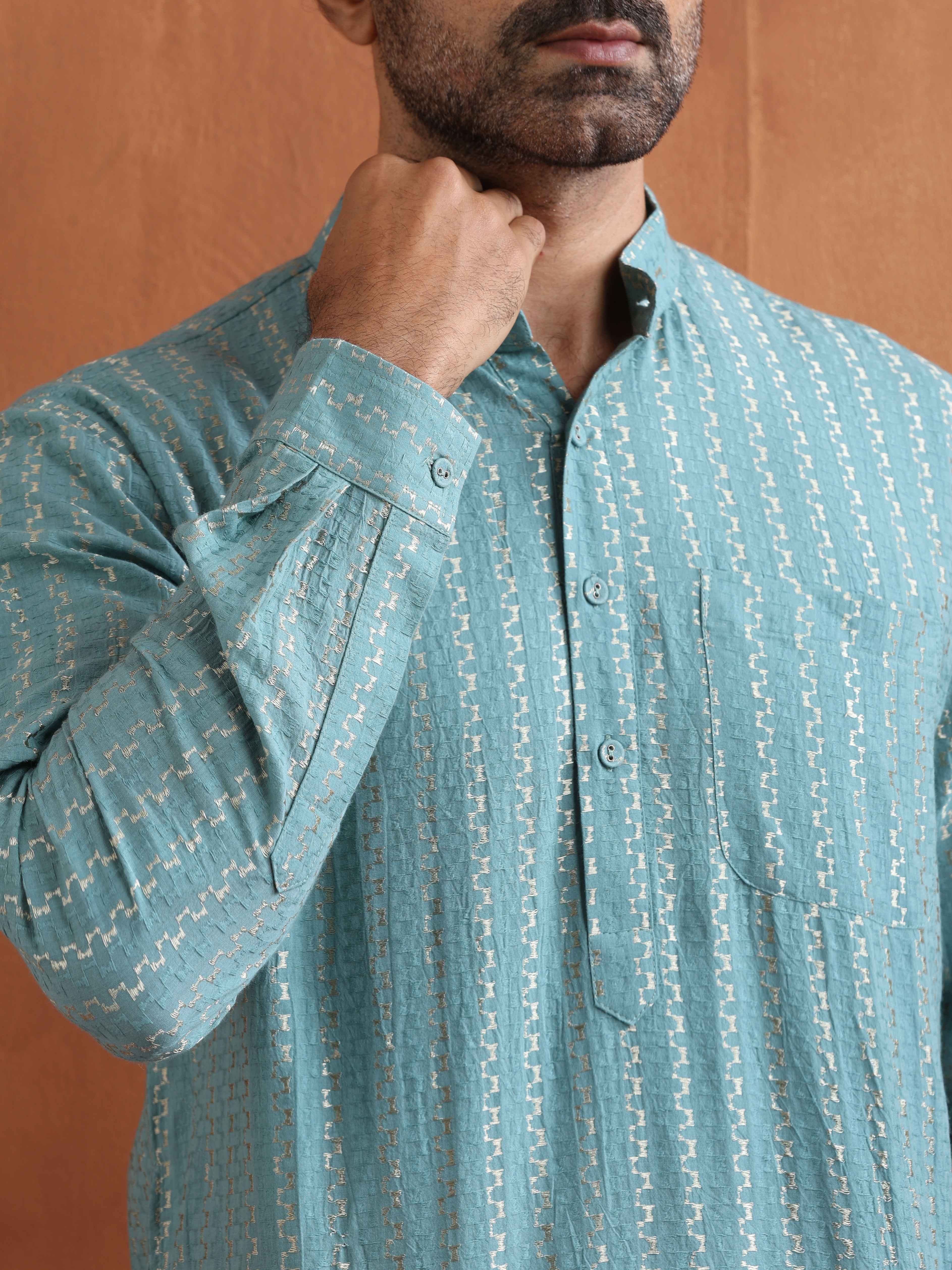 trueBrowns Men's Green Cotton Dobby Short Kurta - view 5