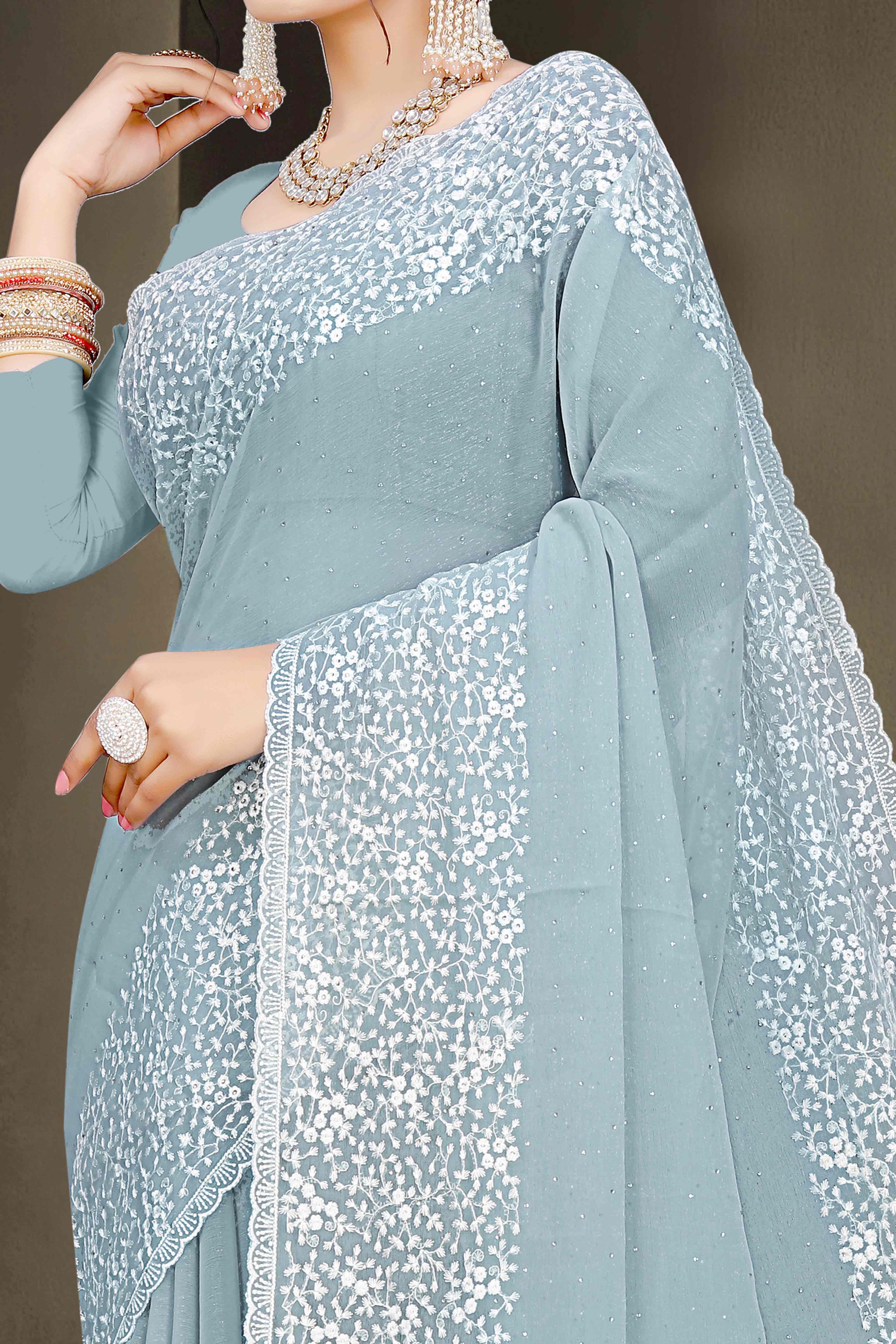 BlackTree grey-floral-embroidery-with-stonework-chiffon-shimmer-saree-2 - view 2