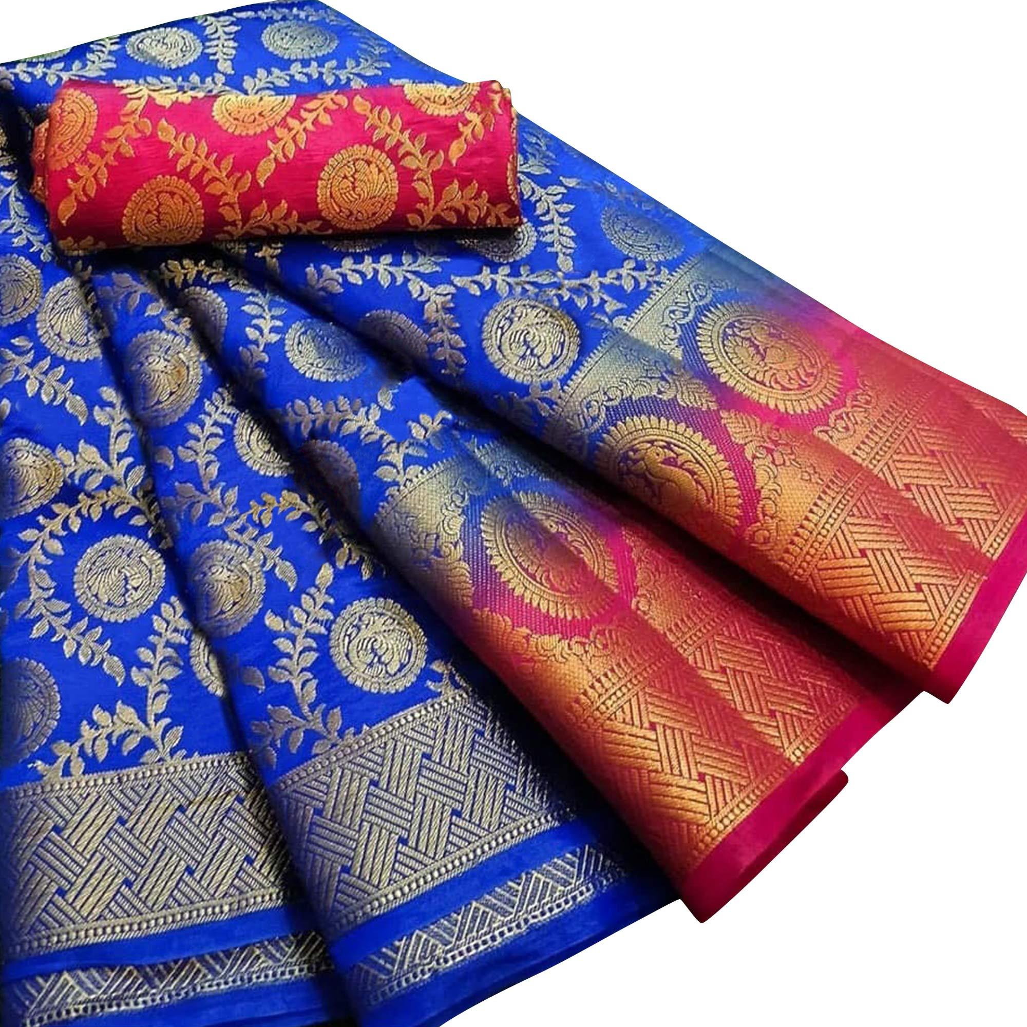Peachmode Imposing Blue Colored Festive Wear Woven Silk Blend Saree
