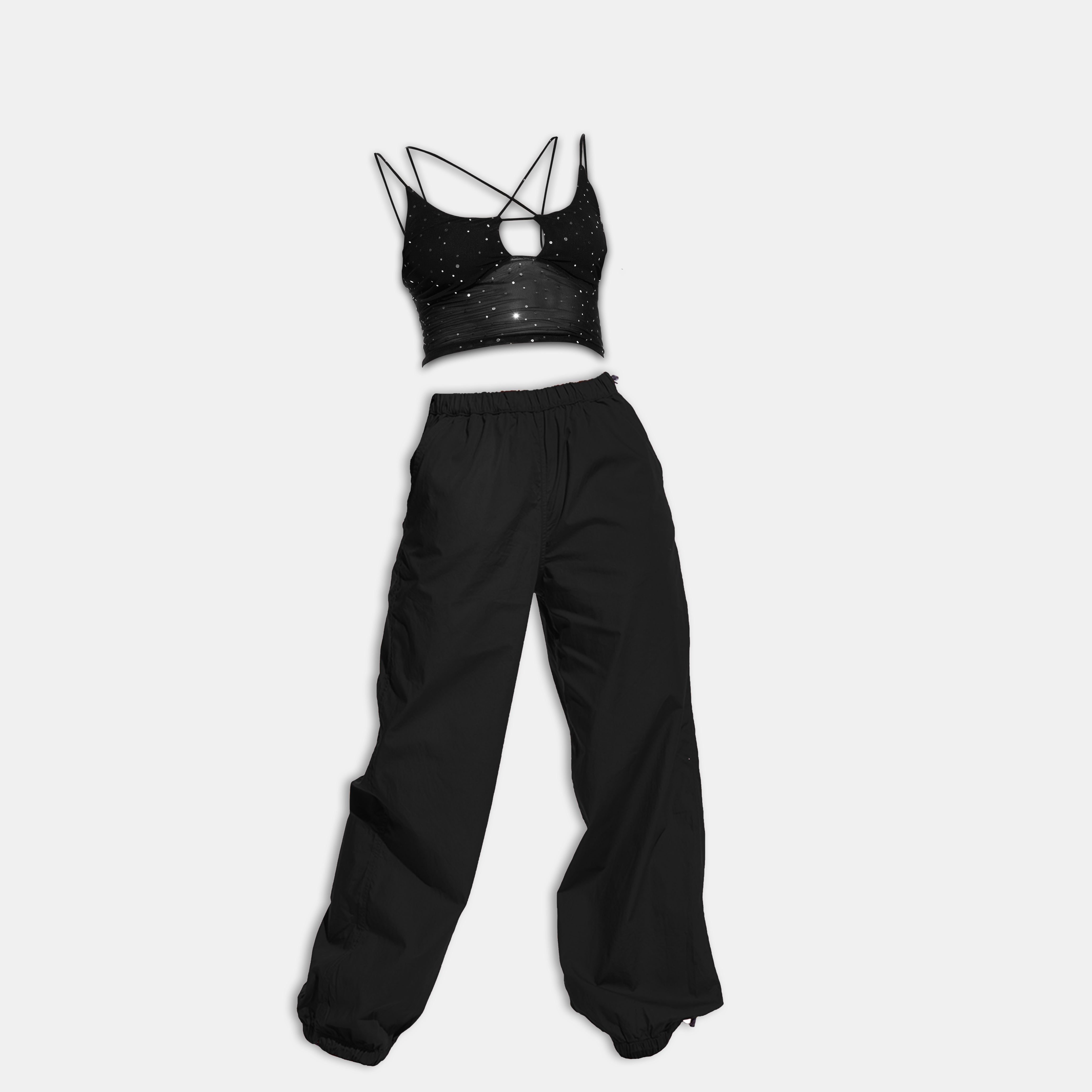 Mesh top black – I Z F Sequin mesh top & Black Parachute pant