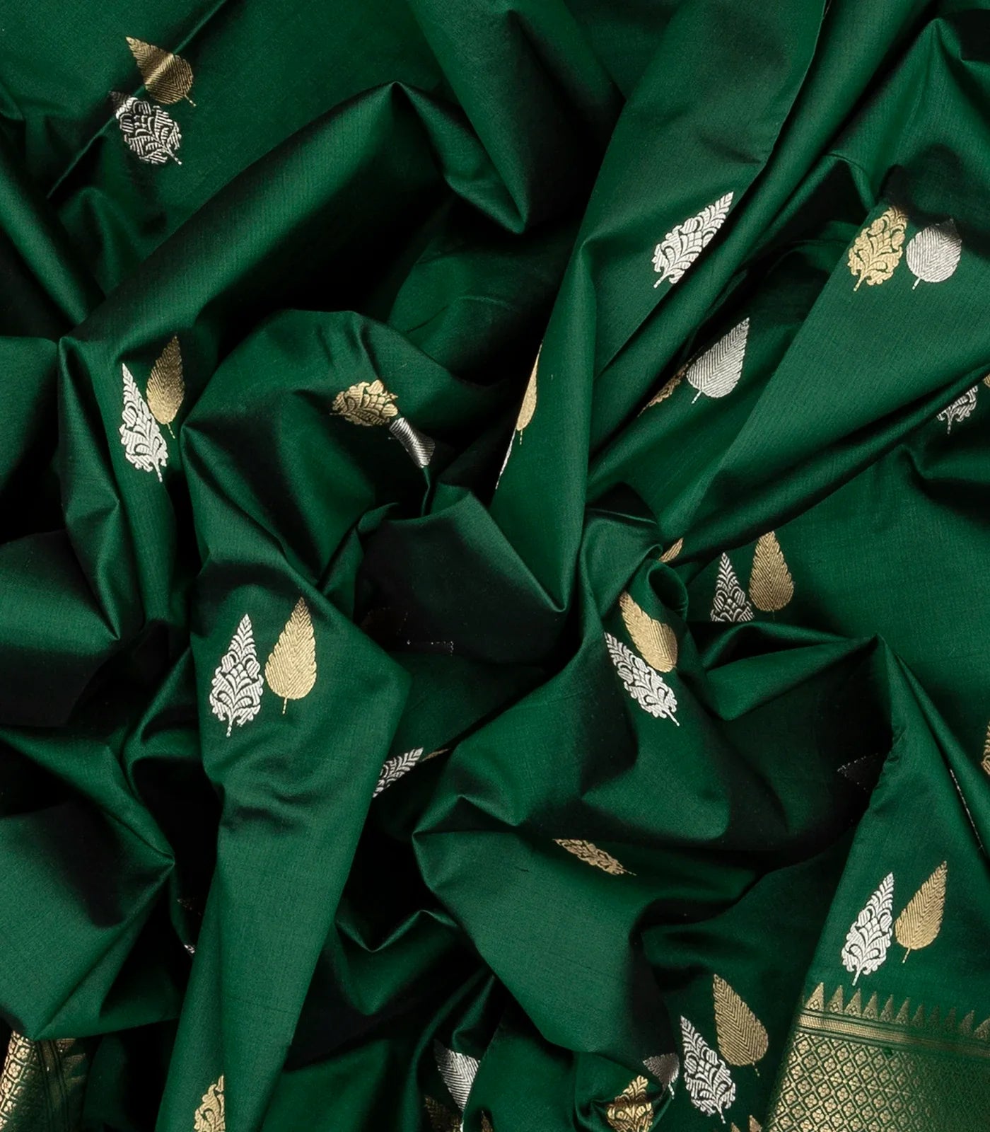 RmKV Dark Green Handloom Banarasi Silk Saree With Gold & Silver Zari Buttas - view 7