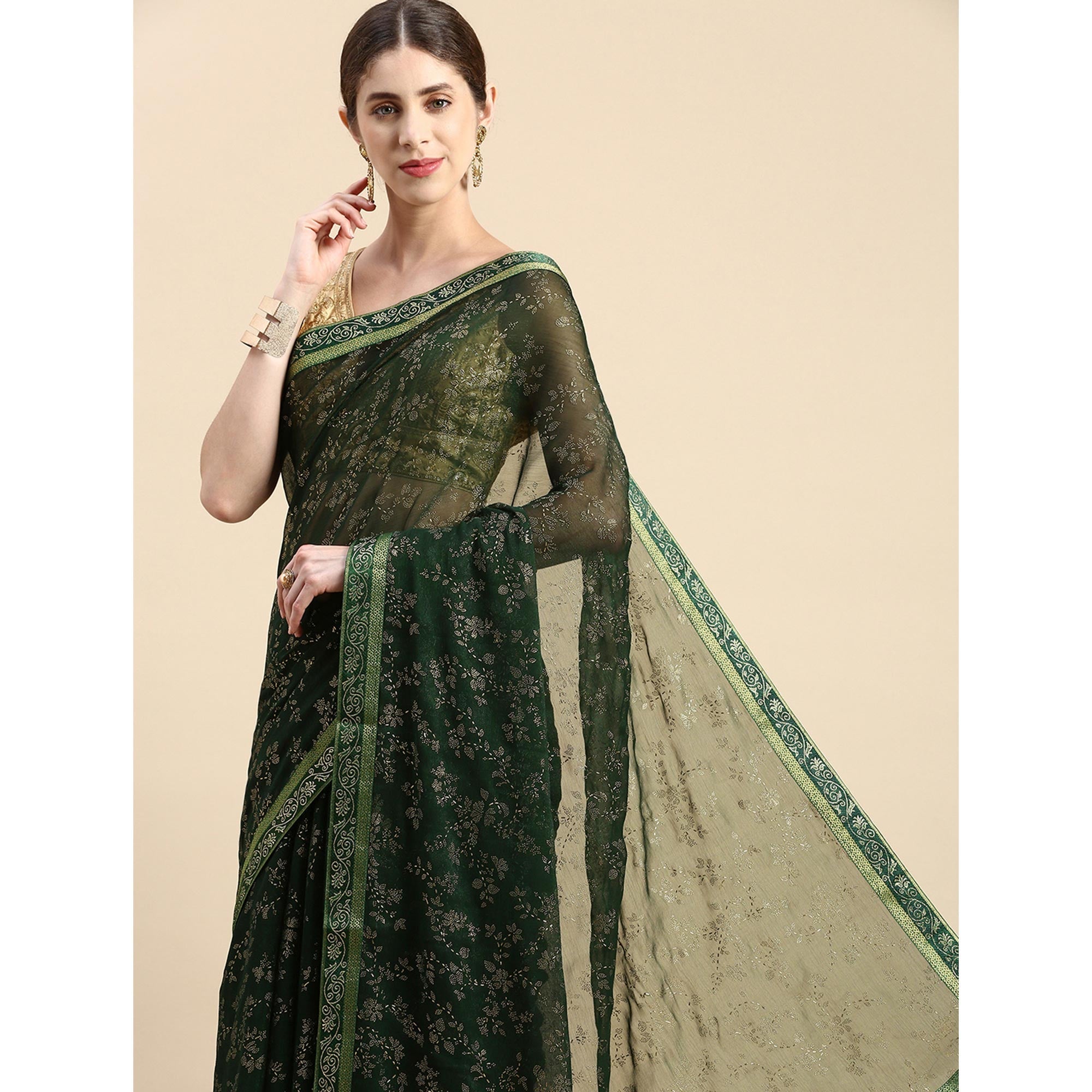 BlackTree green-floral-foil-printed-shimmer-saree - view 5