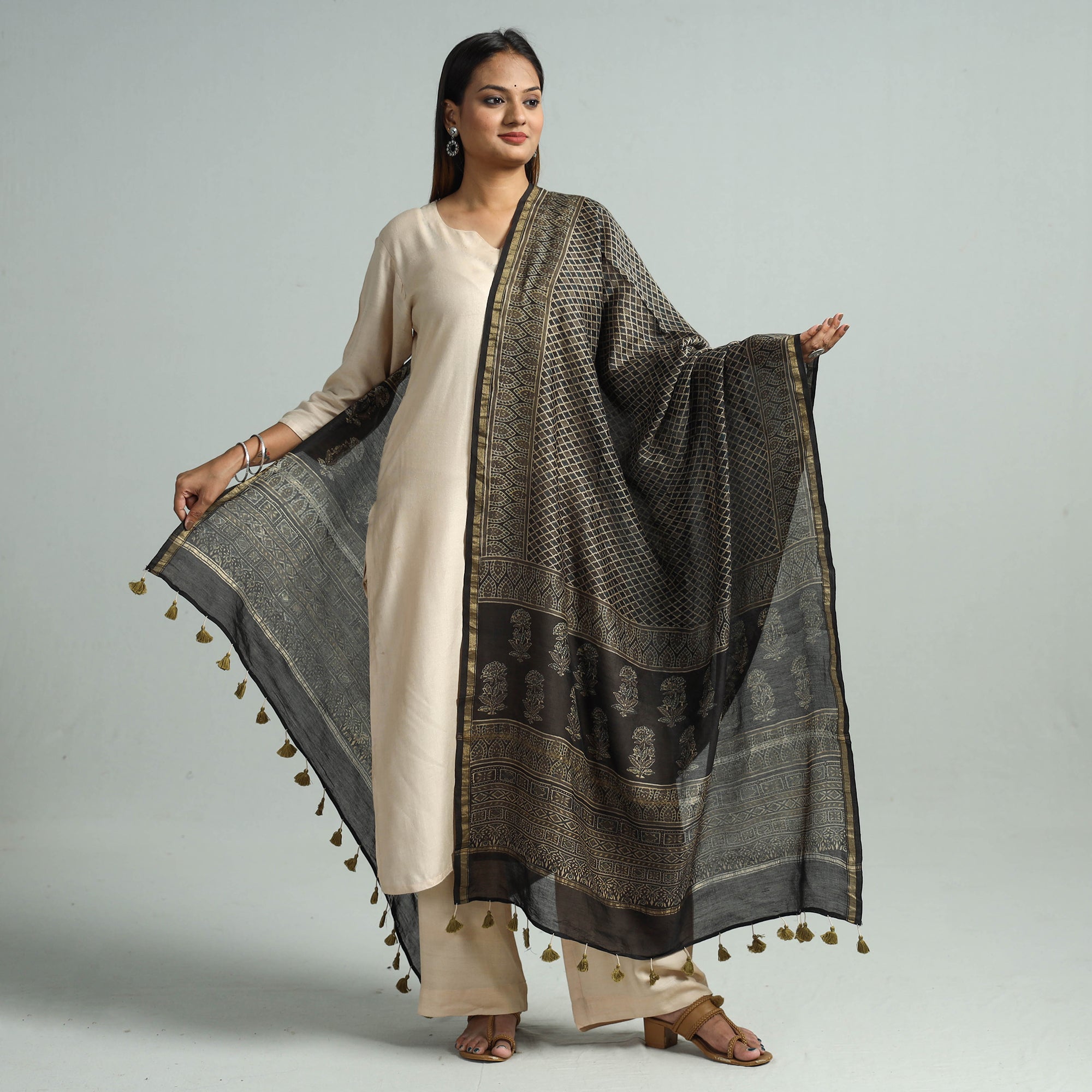 KACHCHH JI CHHAAP Brown - Hand Block Print Chanderi Silk Ajrakh Dupatta 50