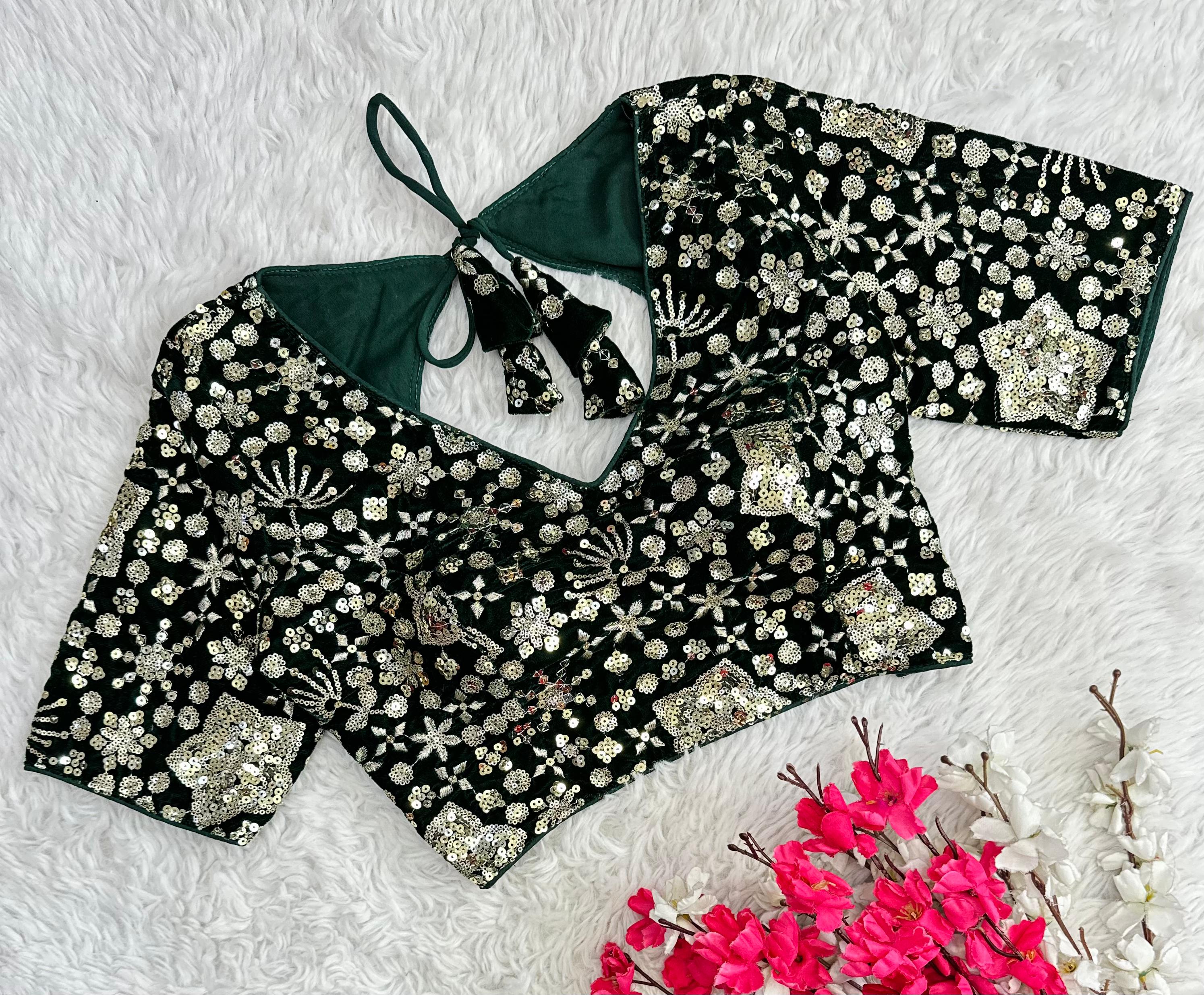 ClothsVilla Dark Green Golden Embroidered Velvet Blouse with Sequins - view 2
