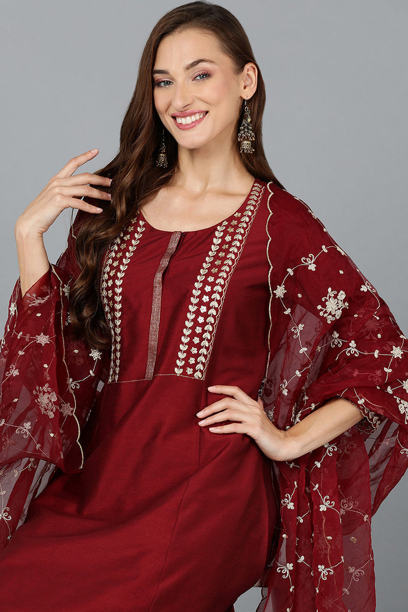 Ahika Maroon Silk Blend Straight Kurta Pant With Dupatta PKSKD1902 - view 2