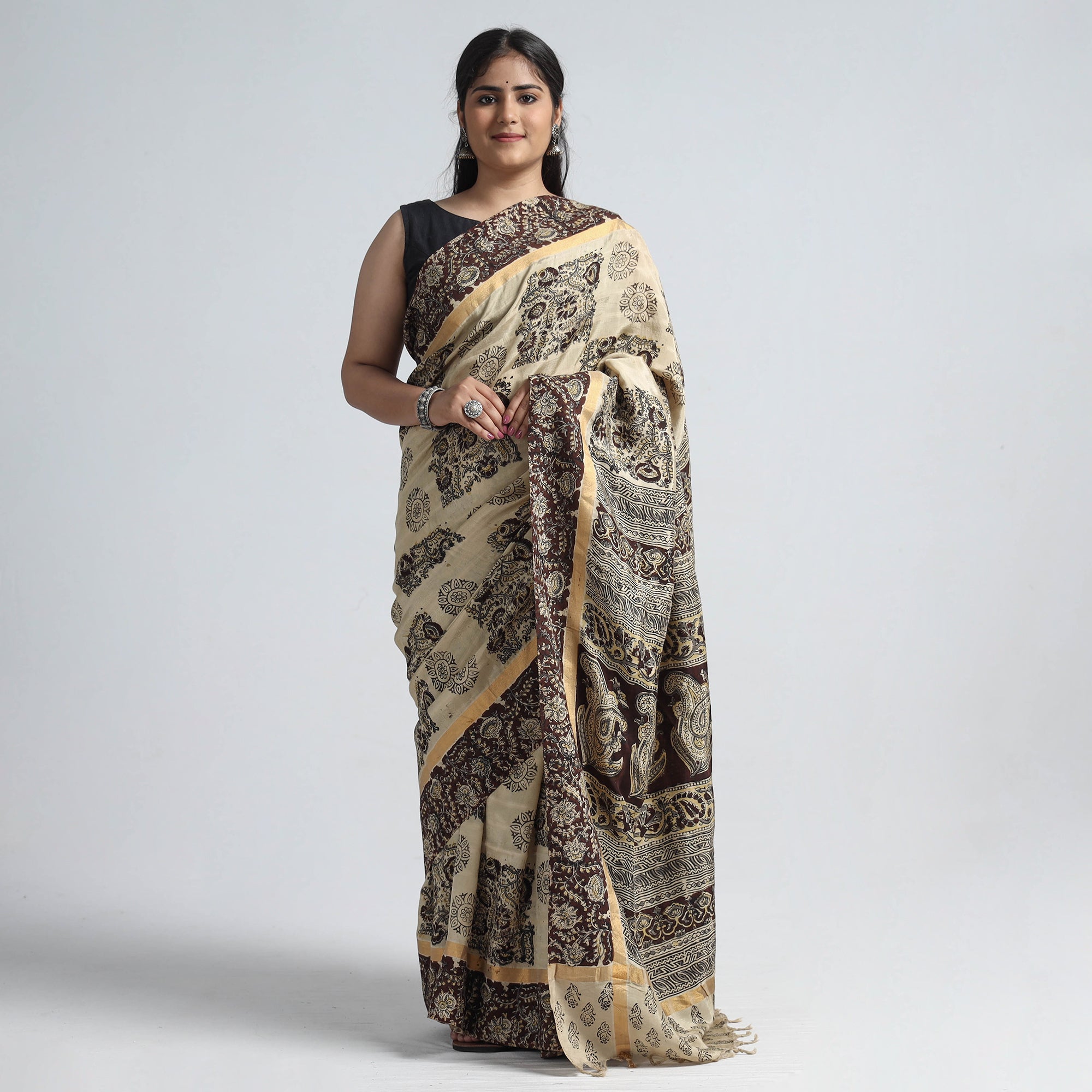 SOUTH KARGHA Beige - Kalamkari Printed Silk Cotton Saree with Zari Border