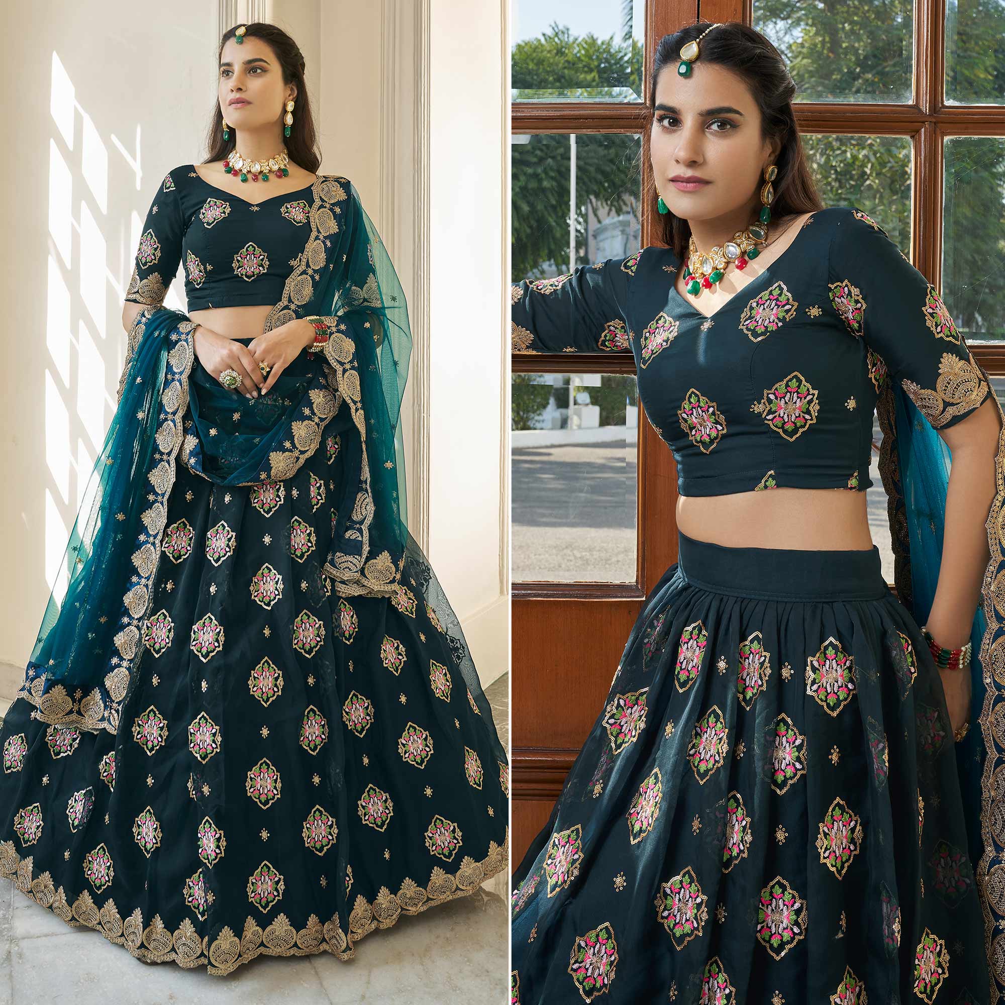 Peachmode Morpich Sequins Embroidered Organza Lehenga Choli