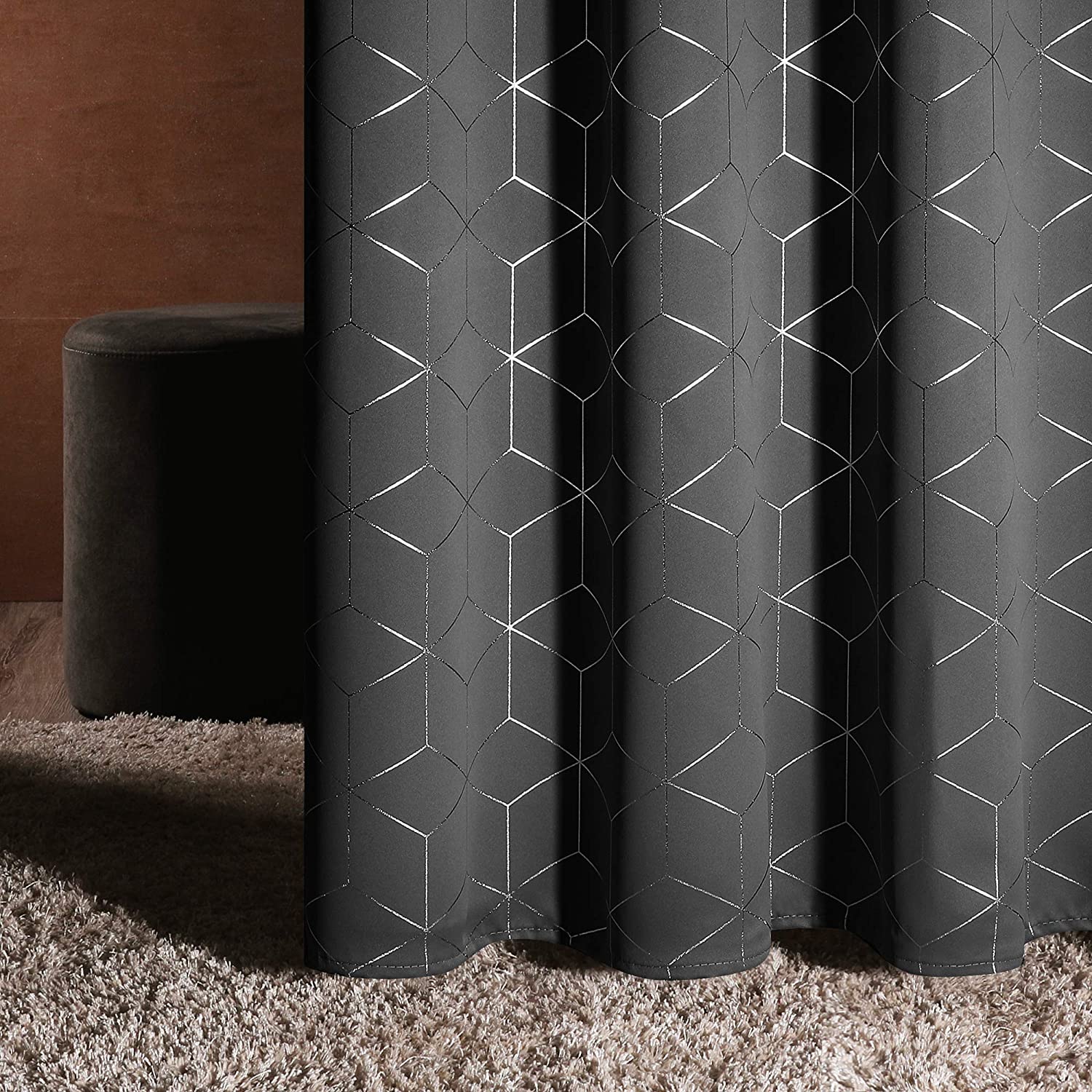 Urban Space -Home Furnishing Store Gold Foil Printed 80-85% Blackout Curtains - Pack of 1 Curtain - Hexagon - Grey - view 2