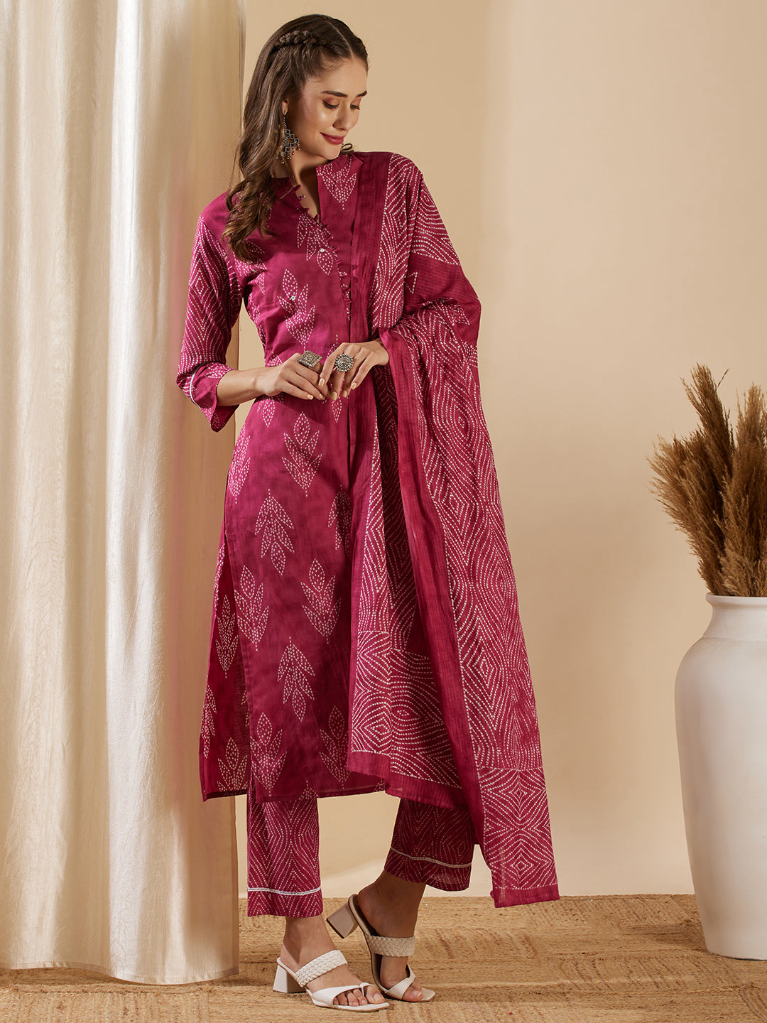 Fashor Ethnic Leaf Printed & Embroidered Straight Kurta with Pant & Dupatta - Magenta - view 5