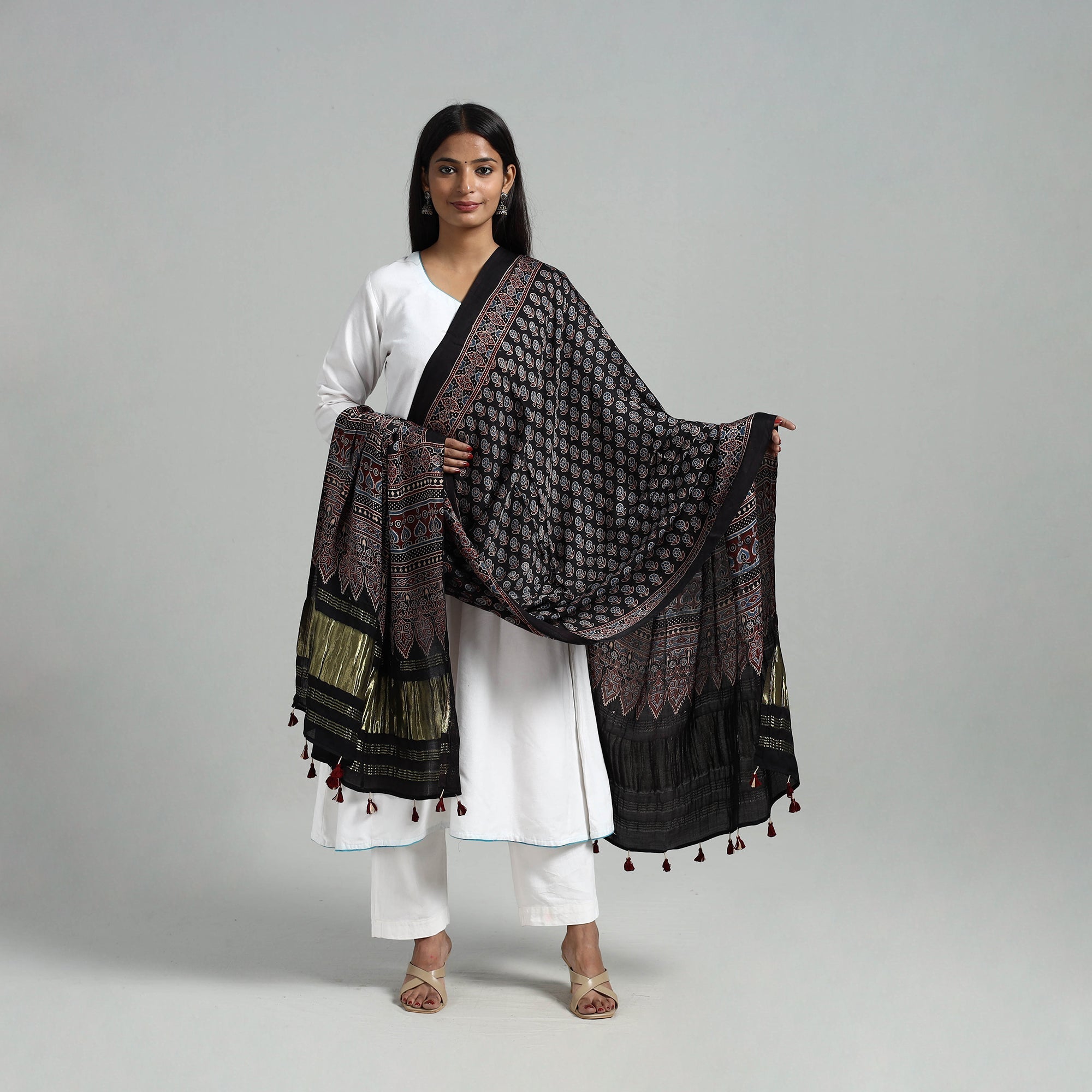 RIYAZ ABDULMAJID KHATRI - AJRAKH Modal Silk Block Print Ajrakh Dupatta 06