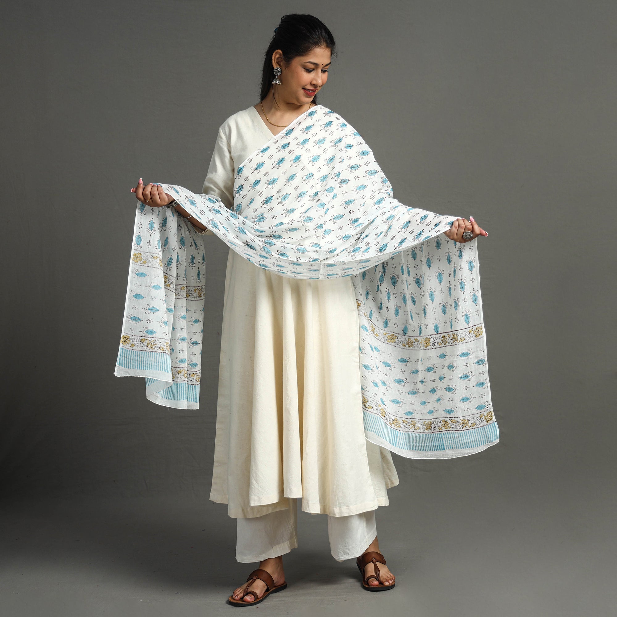 ARTISAN HAND BLOCK PRINTS Blue - Block Printed Mul Cotton Sanganeri Dupatta 15