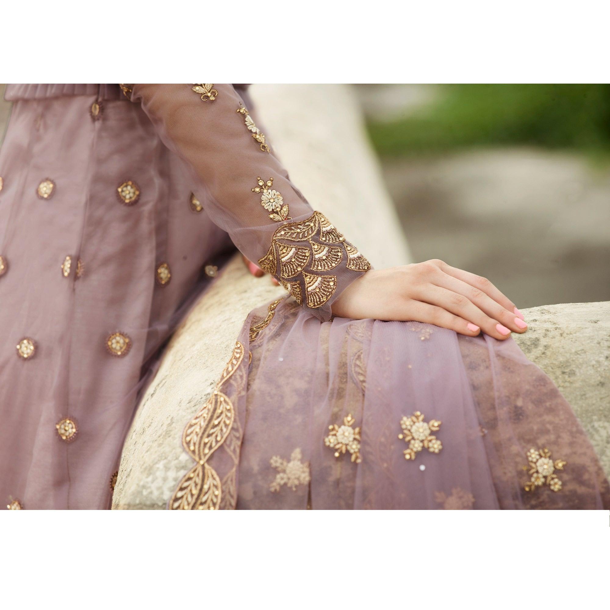 Peachmode Jazzy Mauve Coloured Partywear Embroidered Net Anarkali Suit - view 7