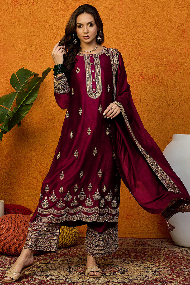 Ahika Maroon Silk Blend Solid Embroidered Straight Suit Set PKSKD2442