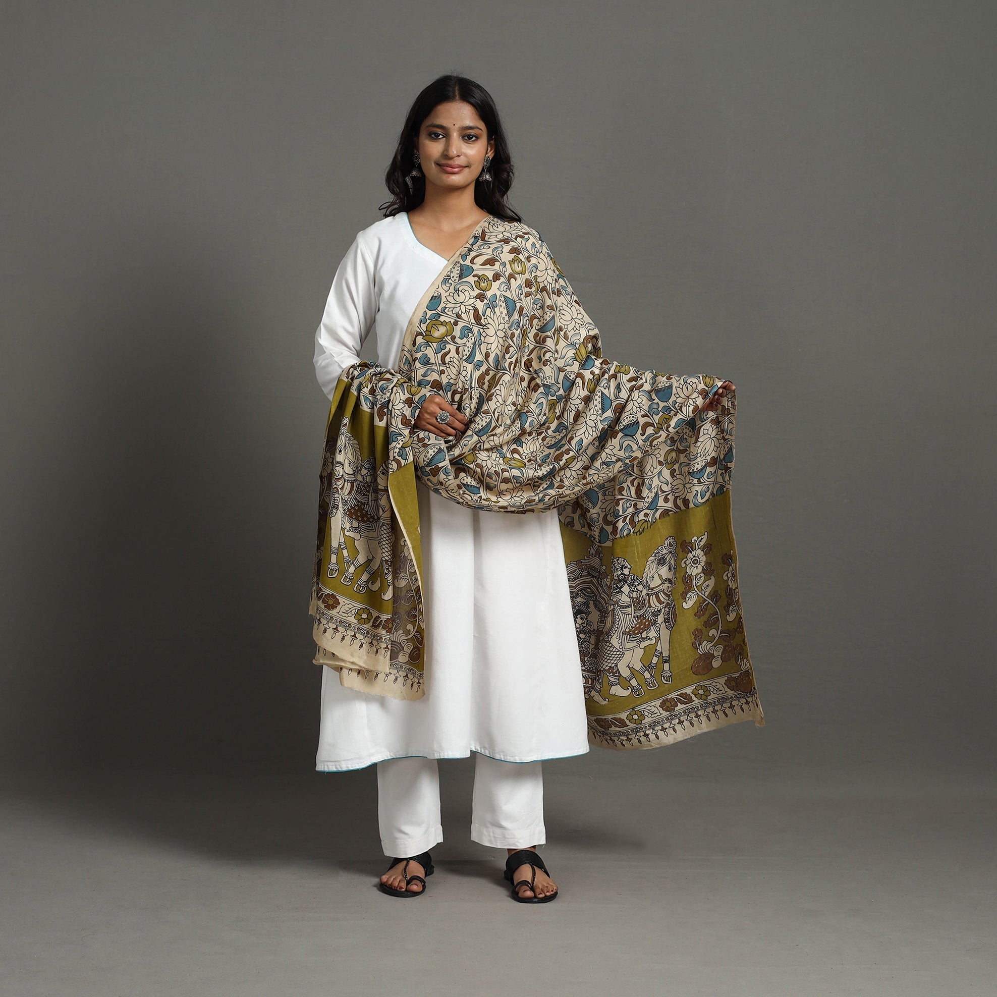 SOUTH KARGHA Beige- Printed Silk Cotton Kalamkari Dupatta 35