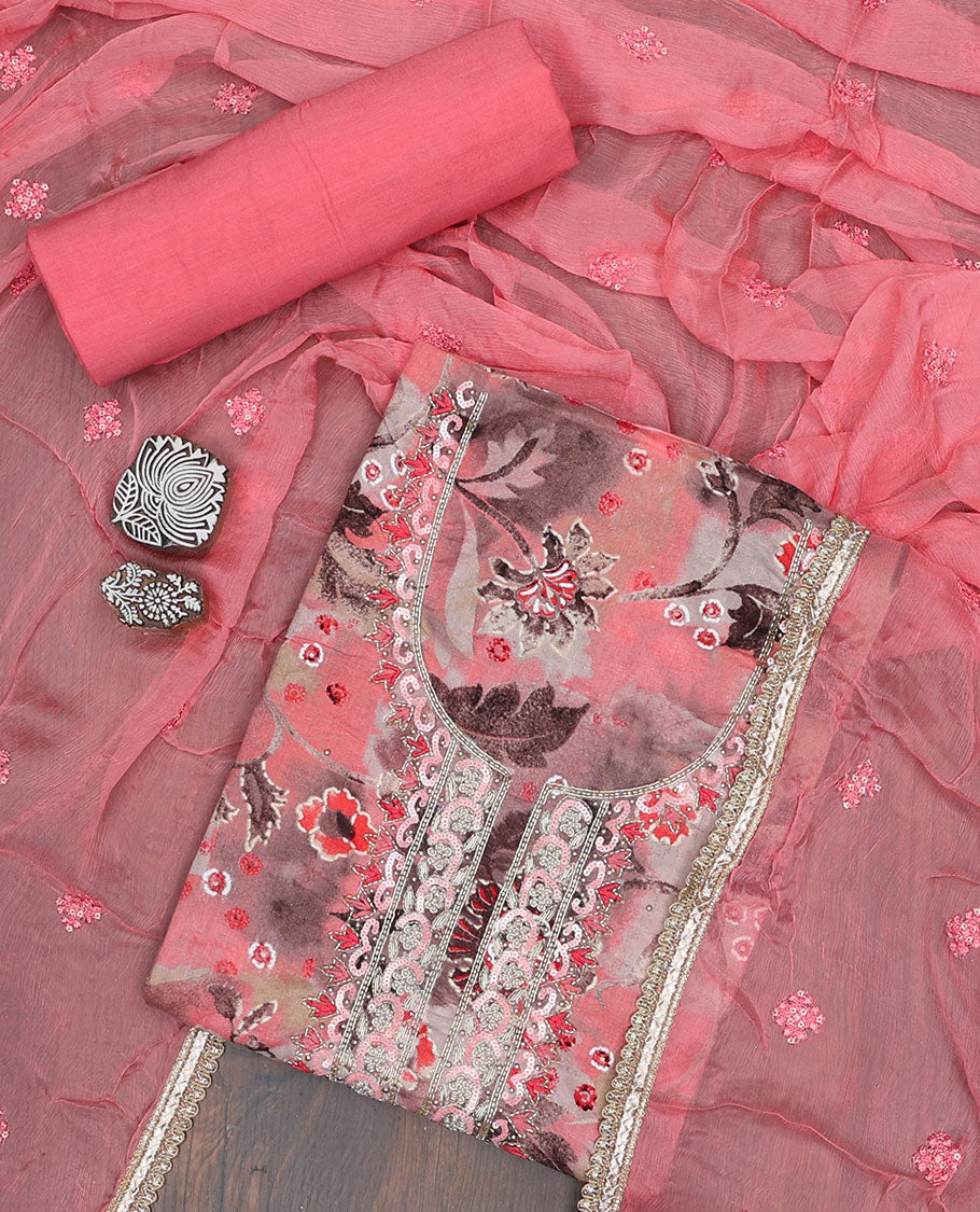 Pothys Multi-color material chudidhar set,floral print & embroidery top,plain bottom & floral design sequin embroidered dupatta