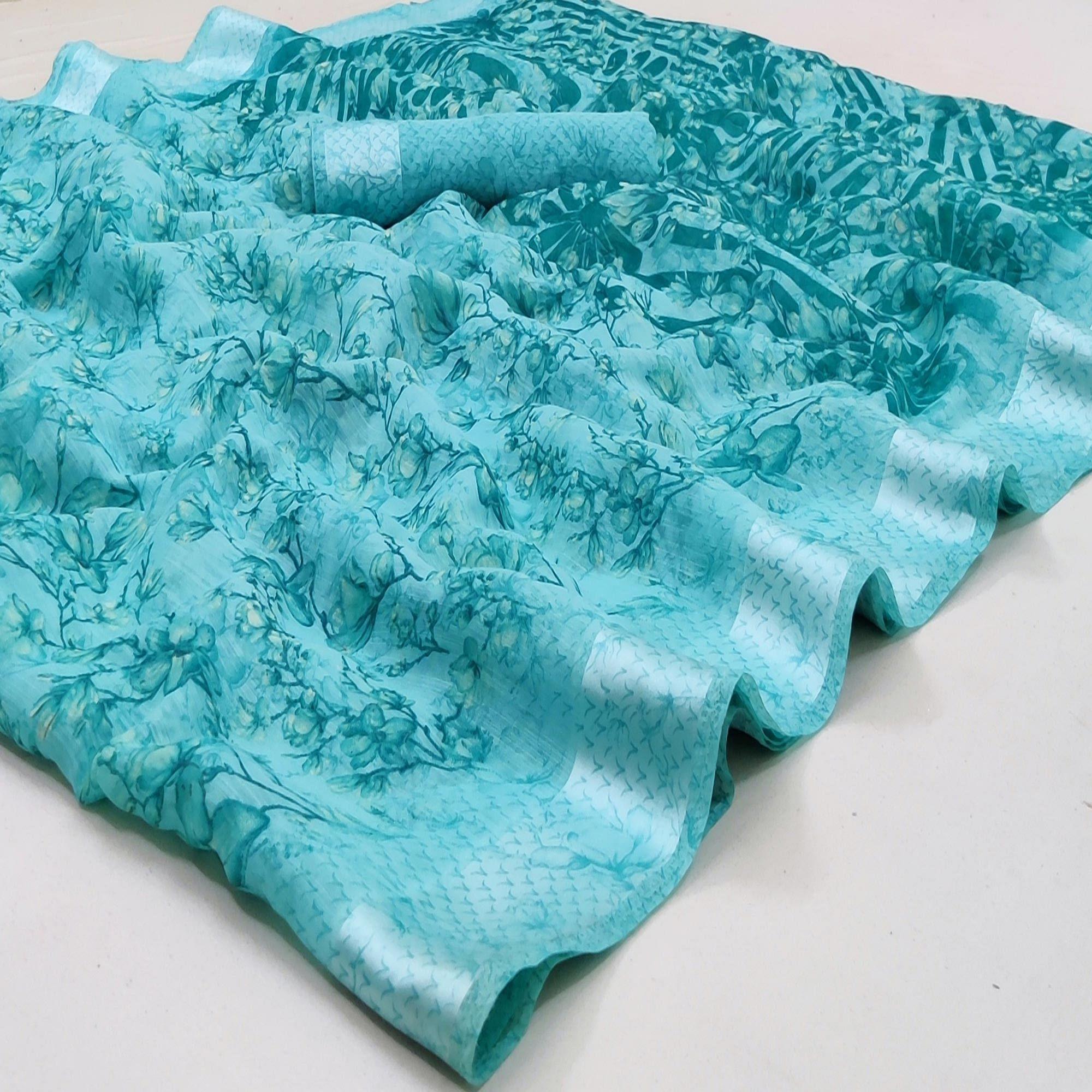 Peachmode Light Blue Casual Wear Printed Linen Cotton Saree