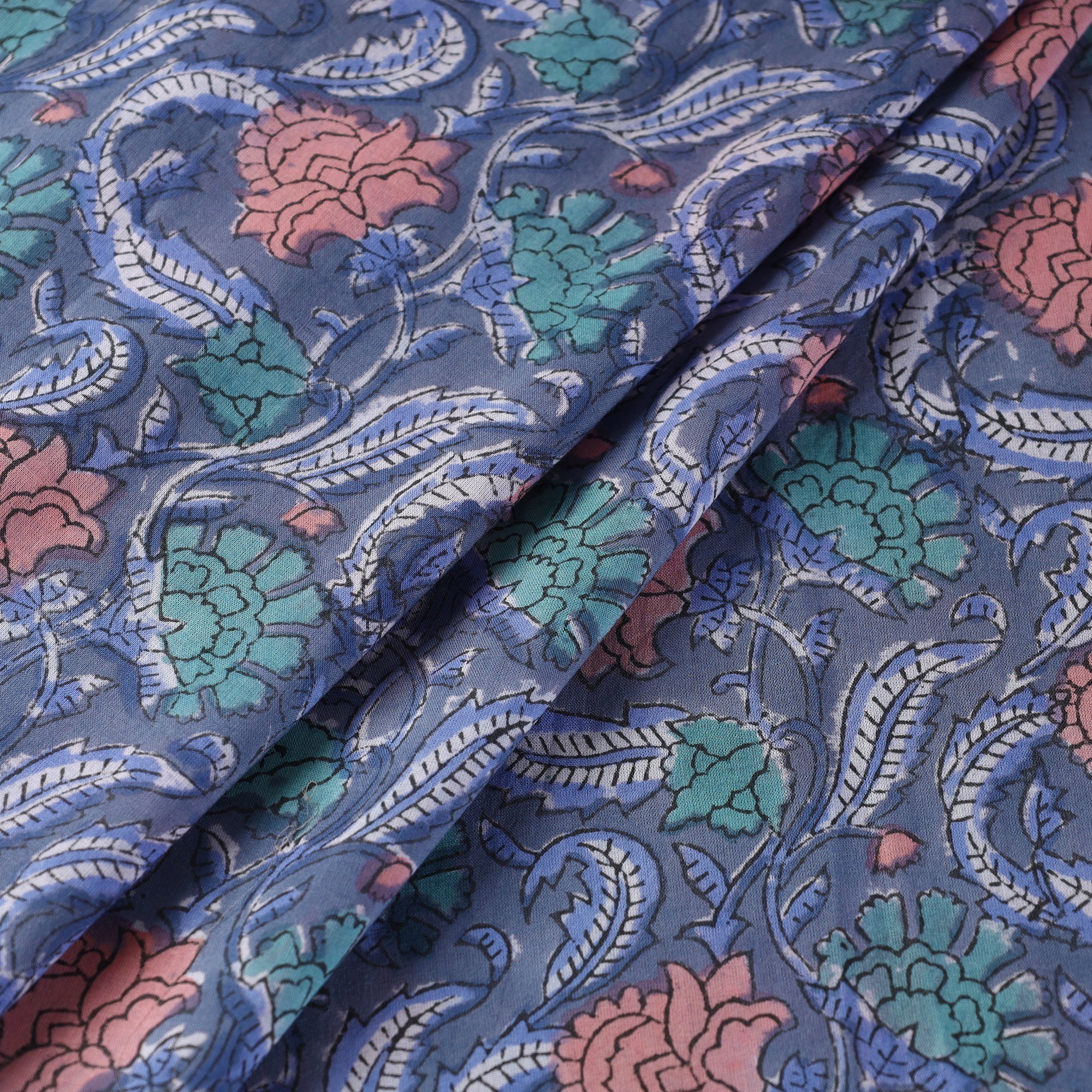 KUSUMLATA Blue - Floral Sanganeri Block Print Cotton Fabric 03 - view 2
