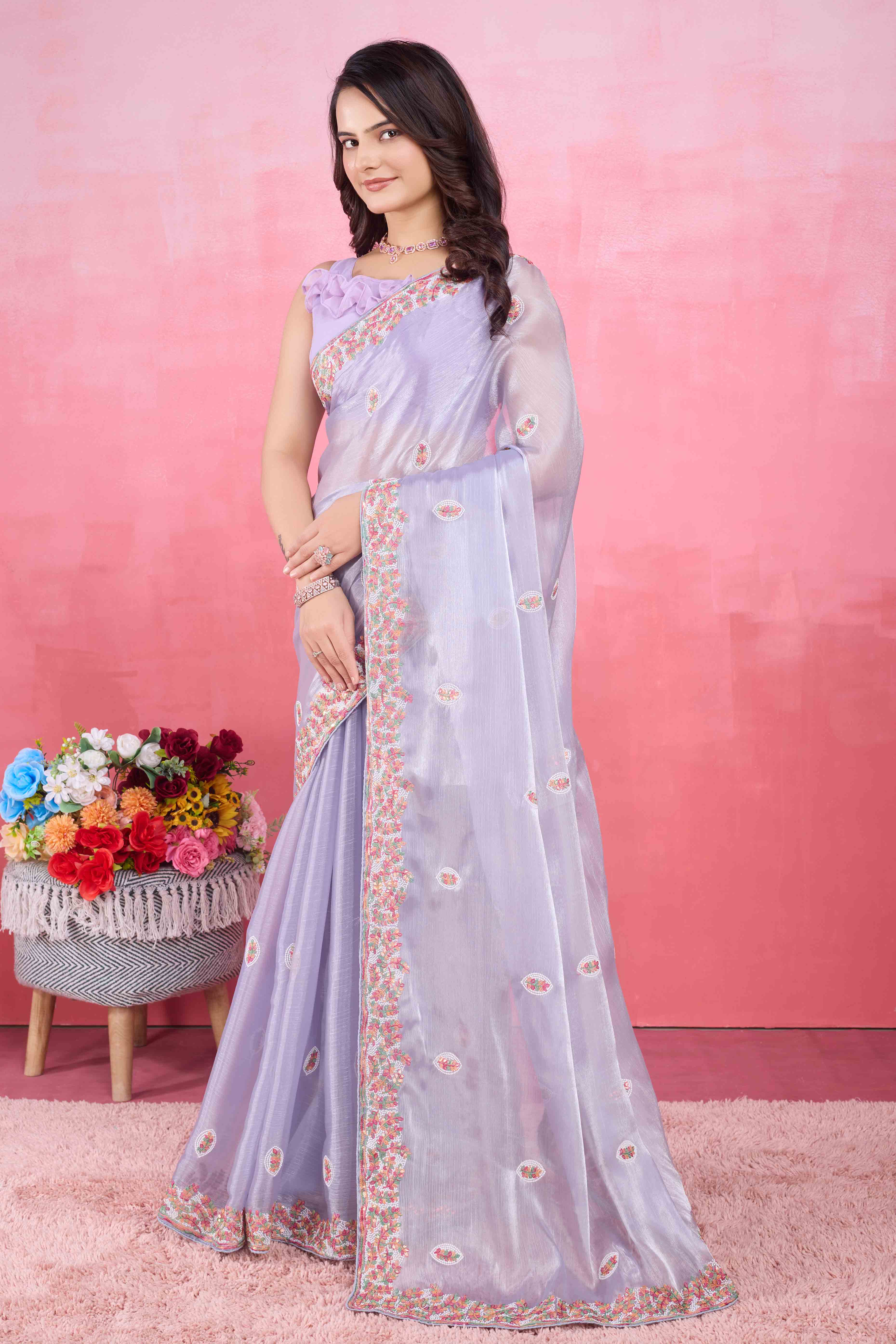 Peachmode Lavender Floral Sequins Embroidered Mulberry Silk Saree - view 4