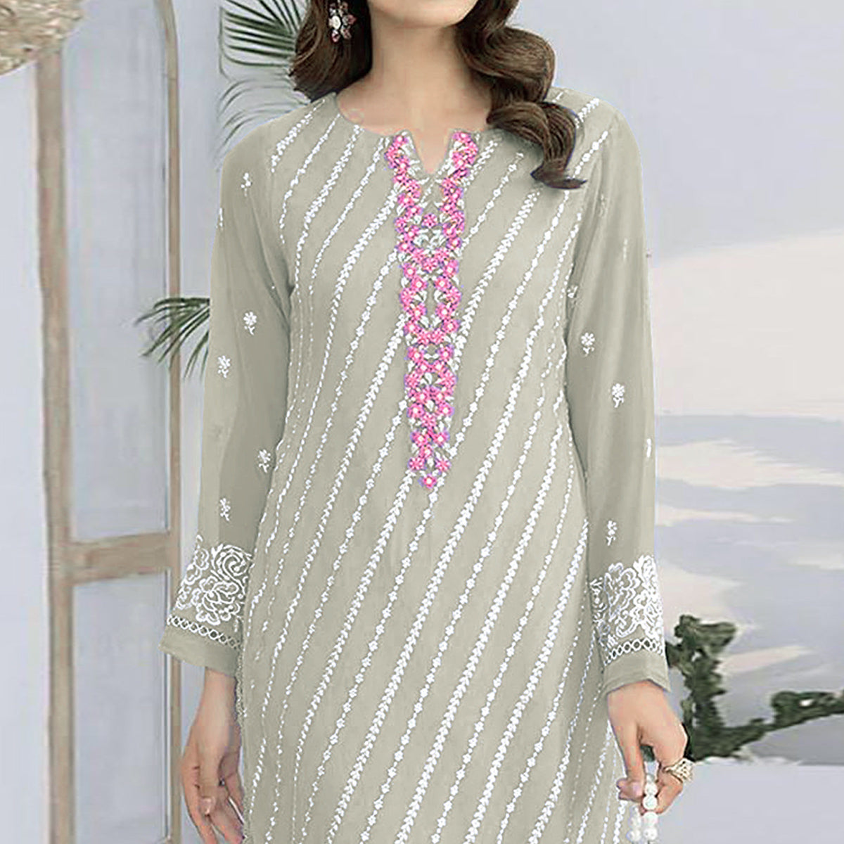Peachmode Fog Green Floral Embroidered Georgette Semi Stitched Suit - view 3