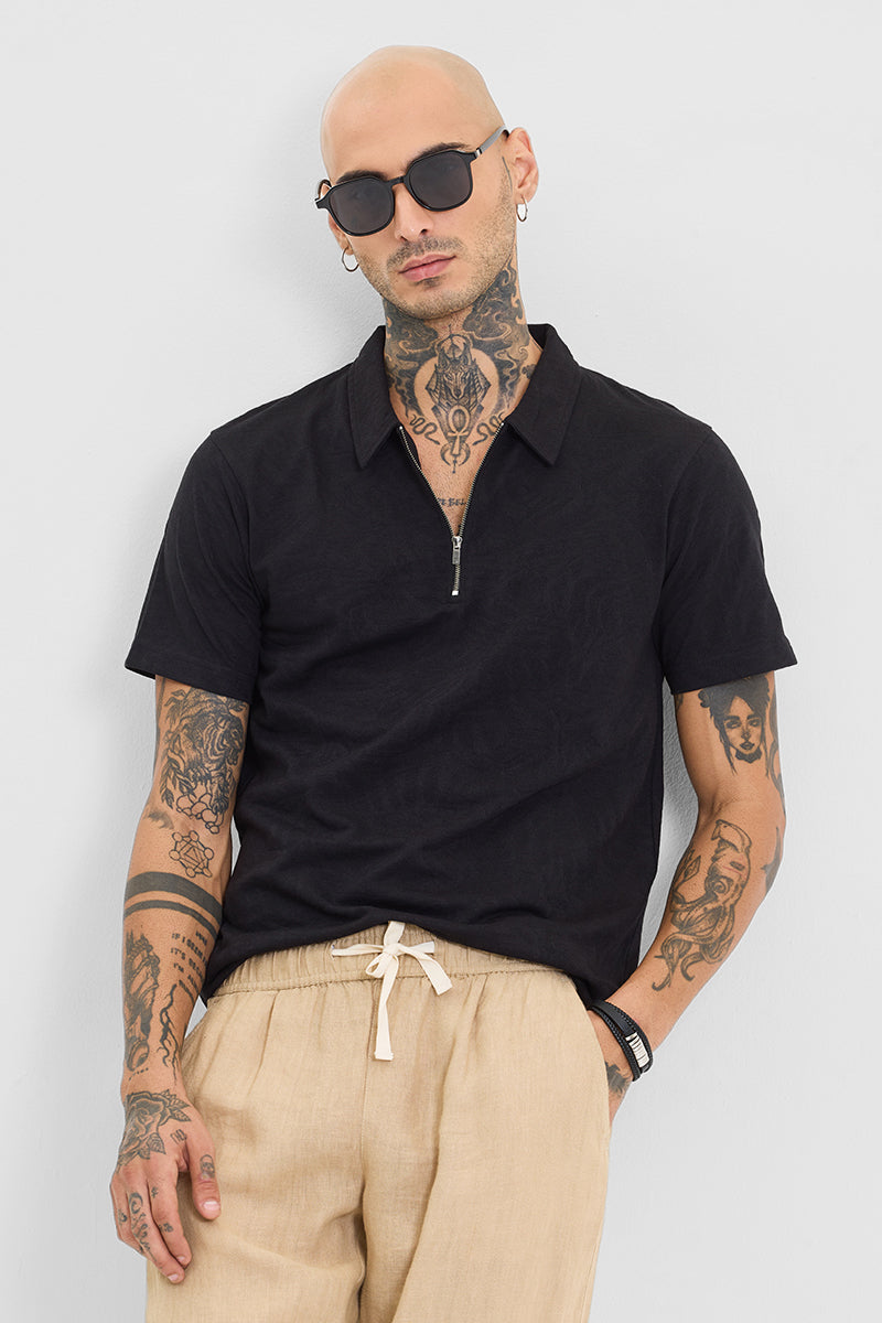SNITCH Black Self-Design Zipper Polo T-Shirt