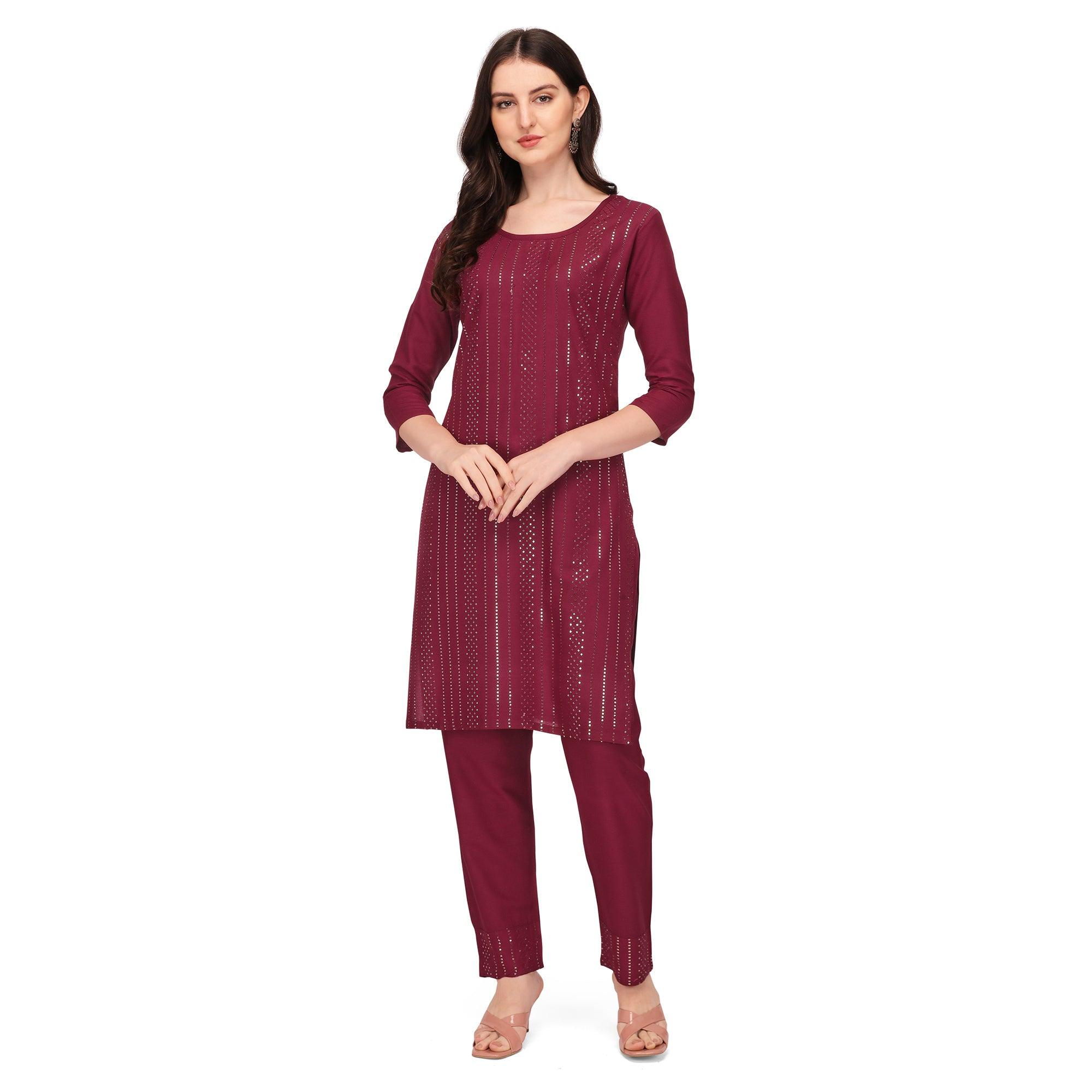 Peachmode Seller Maroon Sequins Embroidered Rayon Kurti Pant Set - view 2