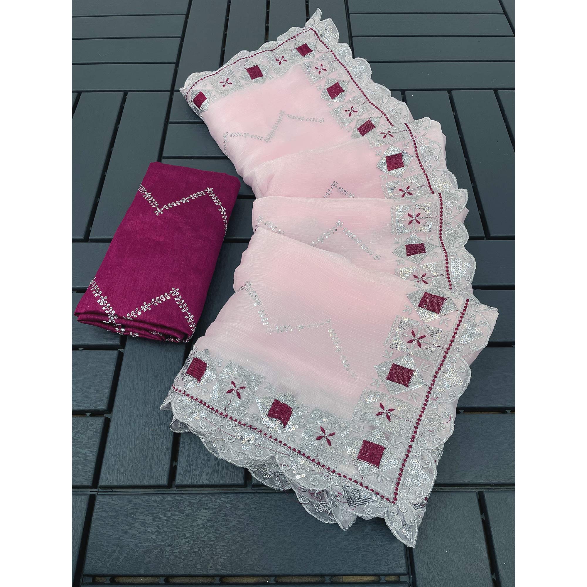 Peachmode Light Pink Sequins Embroidered Chiffon Saree - view 4