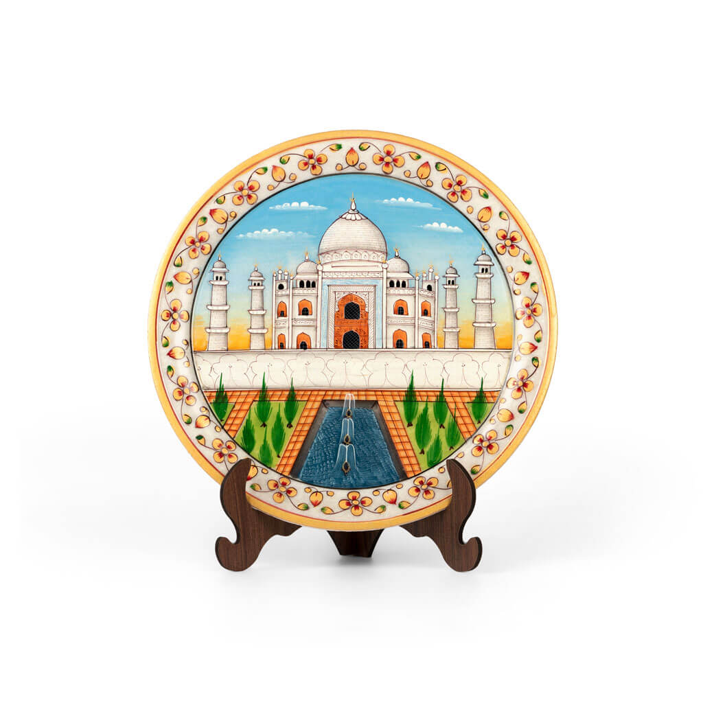 Indian Craft Hand Painted Taj Mahal Decorative Plate With Stand - view 5