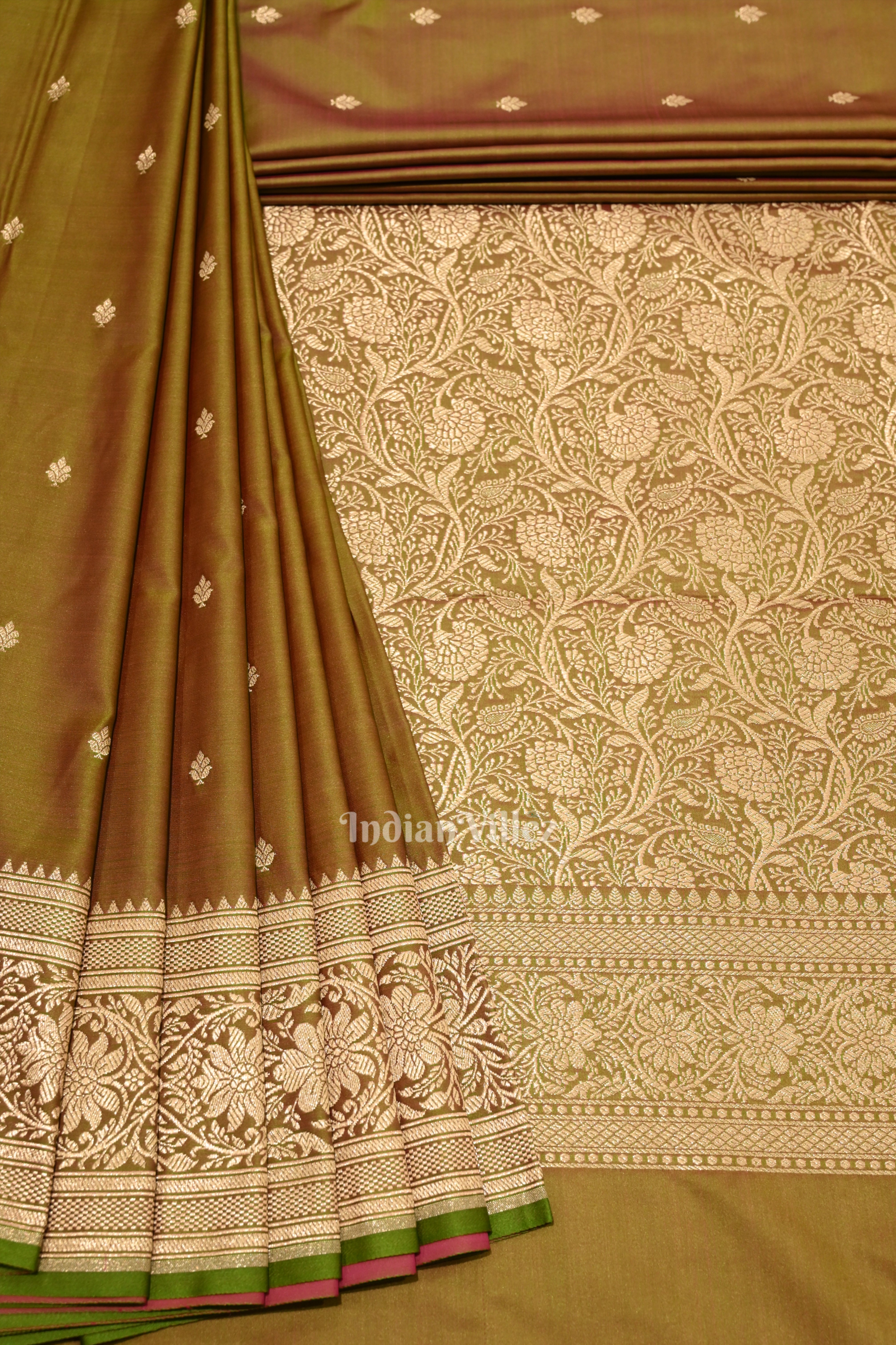 IndianVillèz Parrot Green Mashru Satin Silk Banarasi Saree