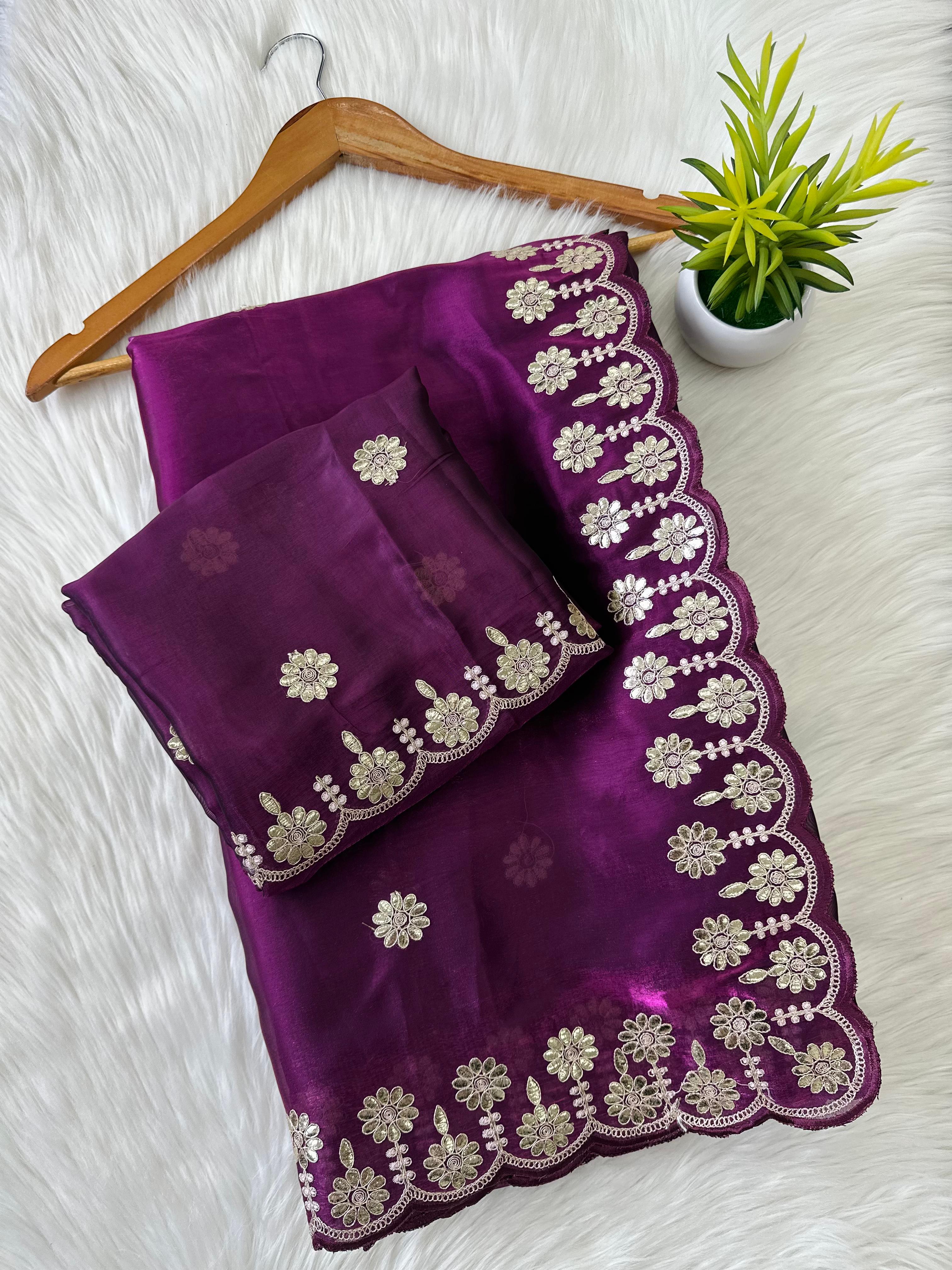 ClothsVilla Purple Jimmy Choo Saree with Beautiful Jaipuri Gota Work – Complete with Matching Running Blouse