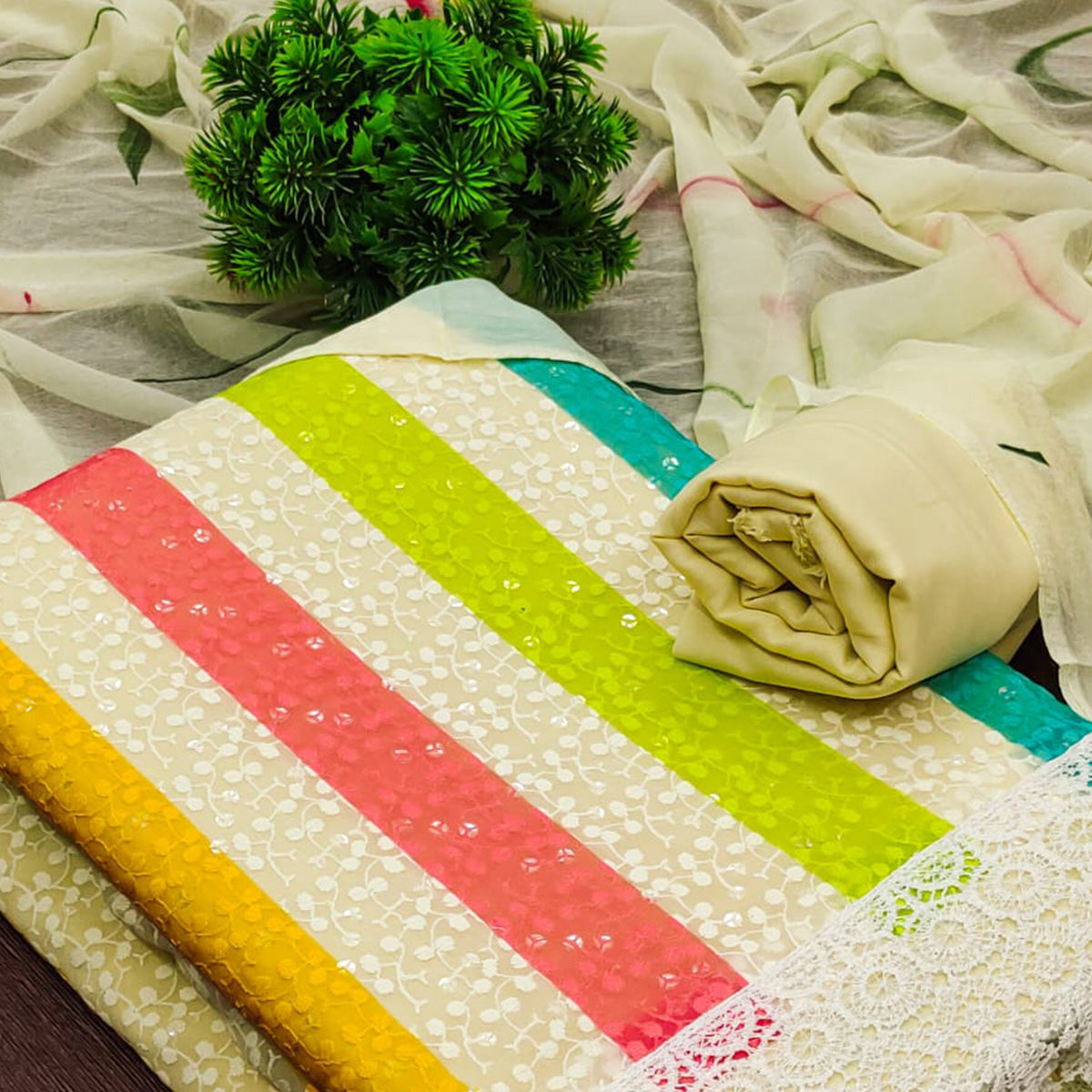 Peachmode Cream Schiffli Embroidered With Digital Printed Georgette Dress Material - view 2