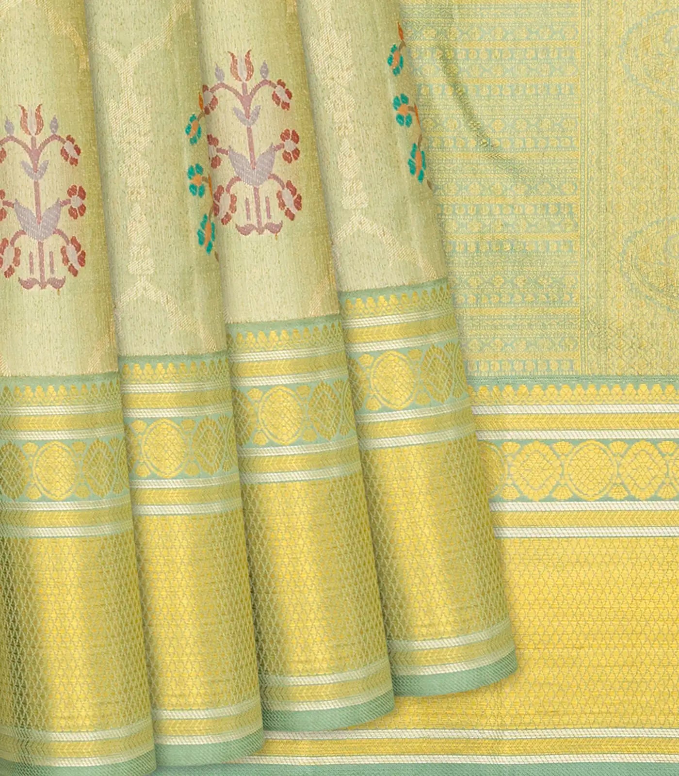 RmKV Light Blue Handloom Kanchipuram Tissue Silk Saree With Meena Floral Motifs-Light Blue